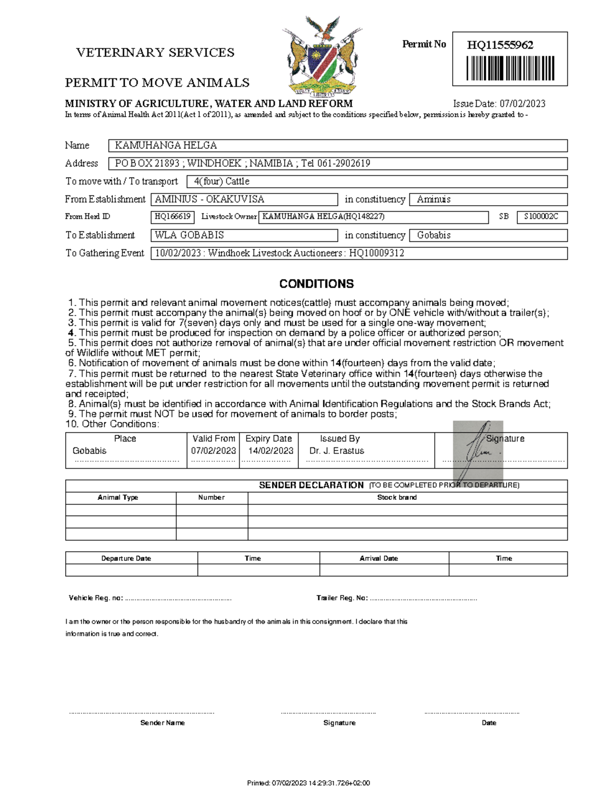 HQ11555962 - Veterinary Animal Movement Permit and Guidelines - Studocu