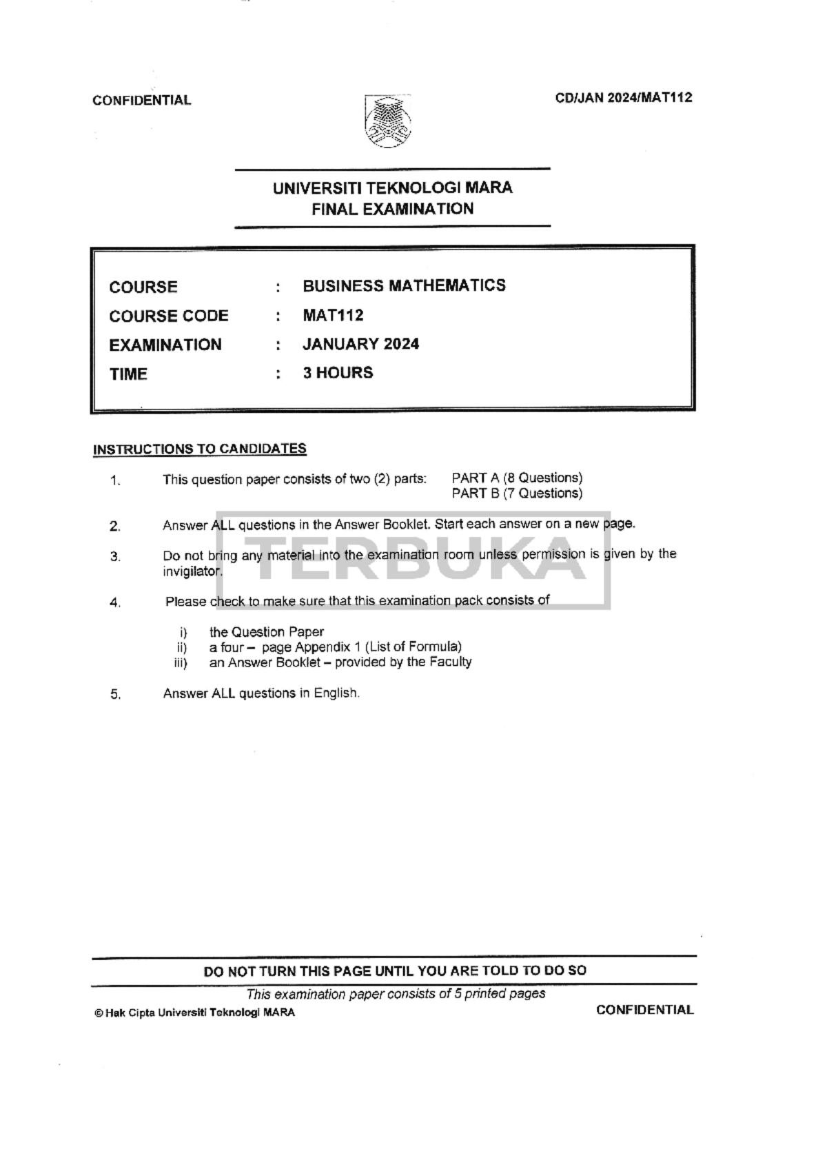 MAT112 Final Exam January 2024 - Business Mathematics Questions - Studocu