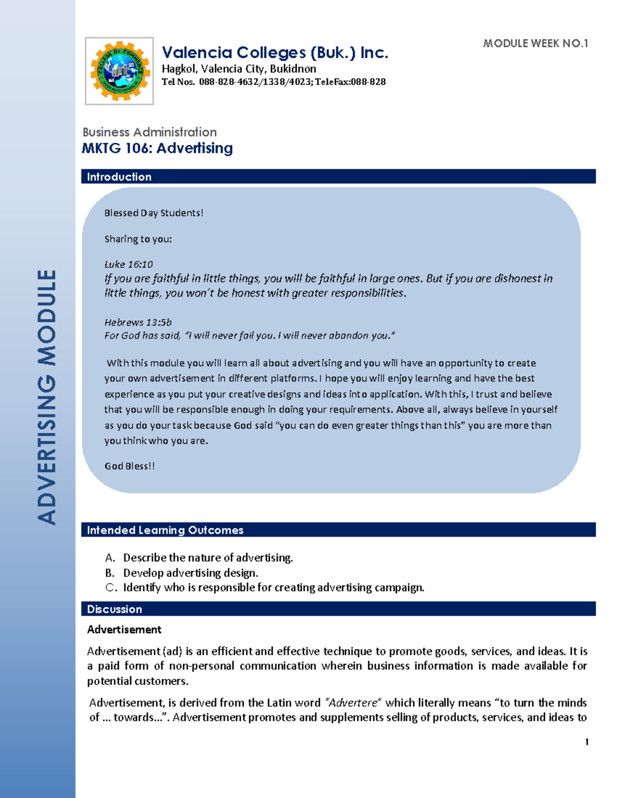 MKTG 106: Advertising Module Week 1 Overview and Learning Objectives ...