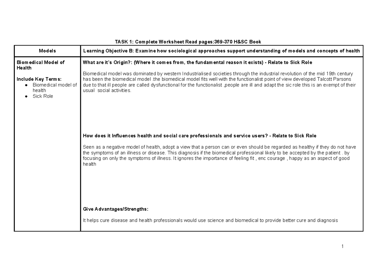 TASK 1: Biomedical Model of Health & Sick Role Analysis - Studocu