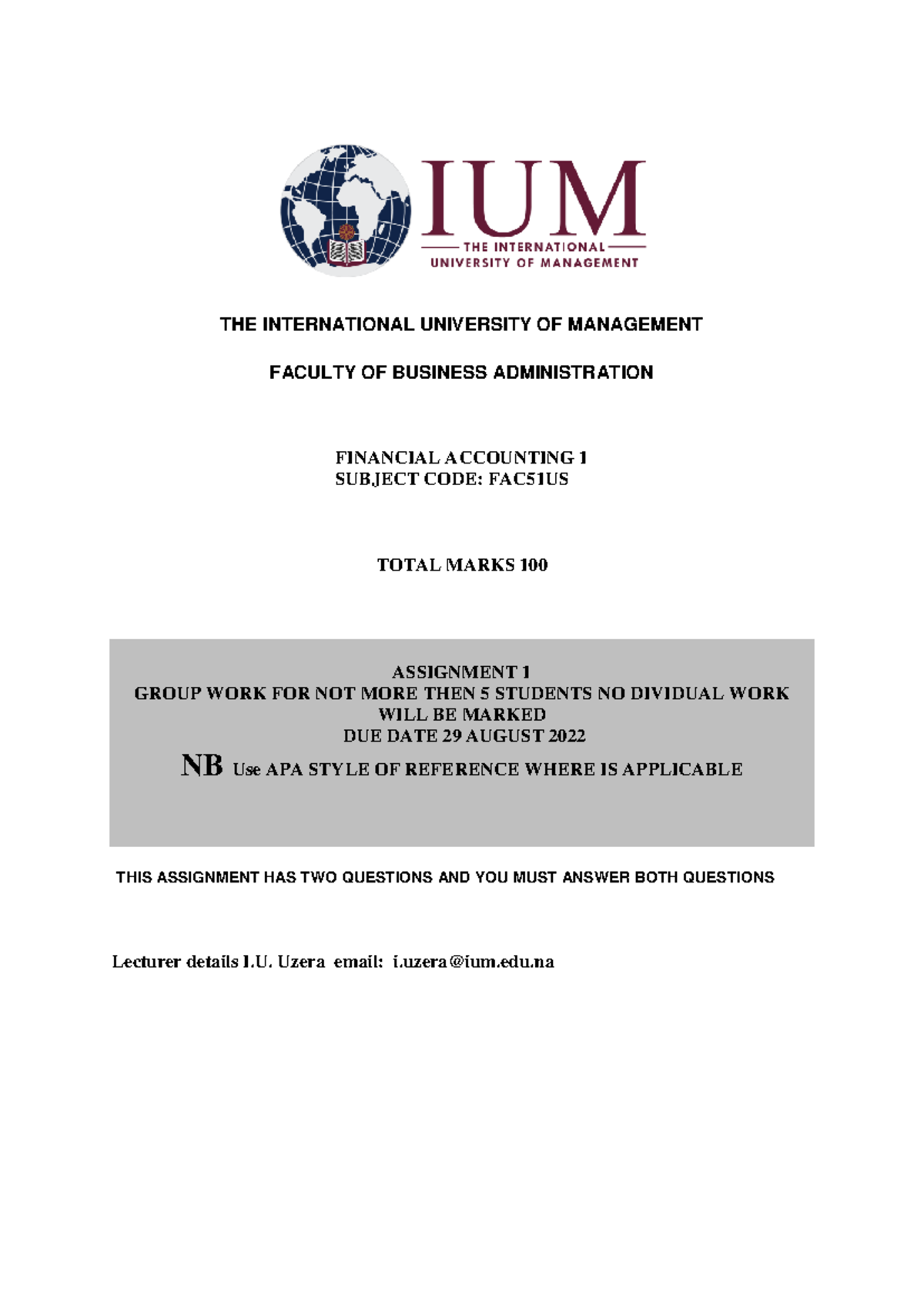 Assignment 1 - Namibian students only - THE INTERNATIONAL UNIVERSITY OF ...
