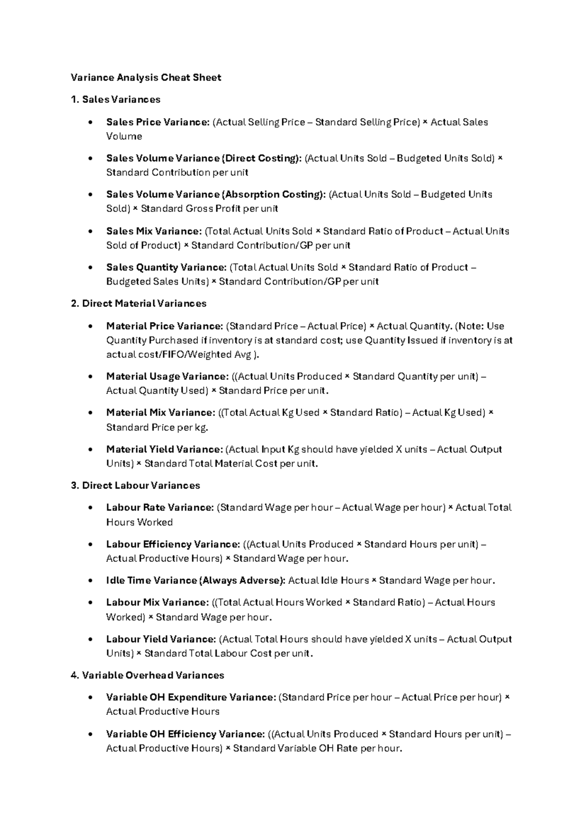 Variance Analysis Cheat Sheet: Key Formulas and Concepts - Studocu