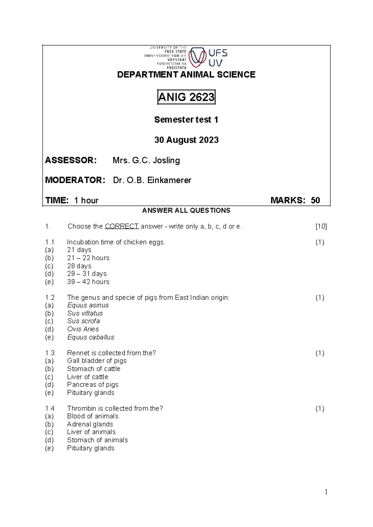 23ANIG2623 Semester Test 1 - Animal Science (30 Aug 2023) - Studocu