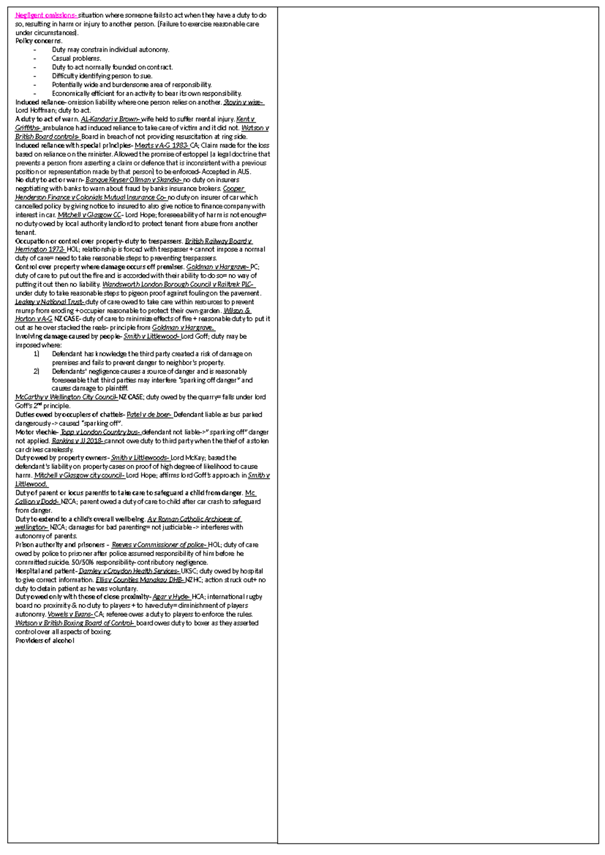 Torts (LAW101) - Duty to Act: Key Cases & Policy Concerns Cheat Sheet ...