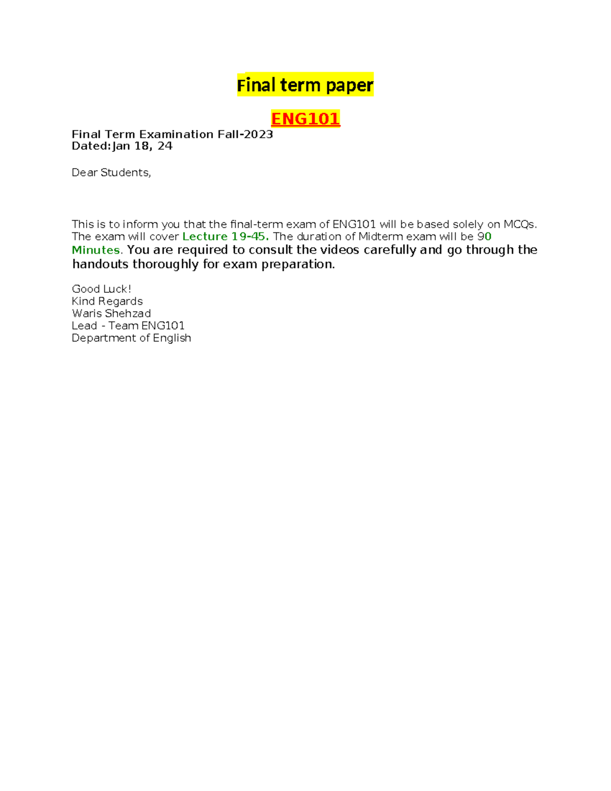 Final term paper - Final term paper ENG Final Term Examination Fall ...