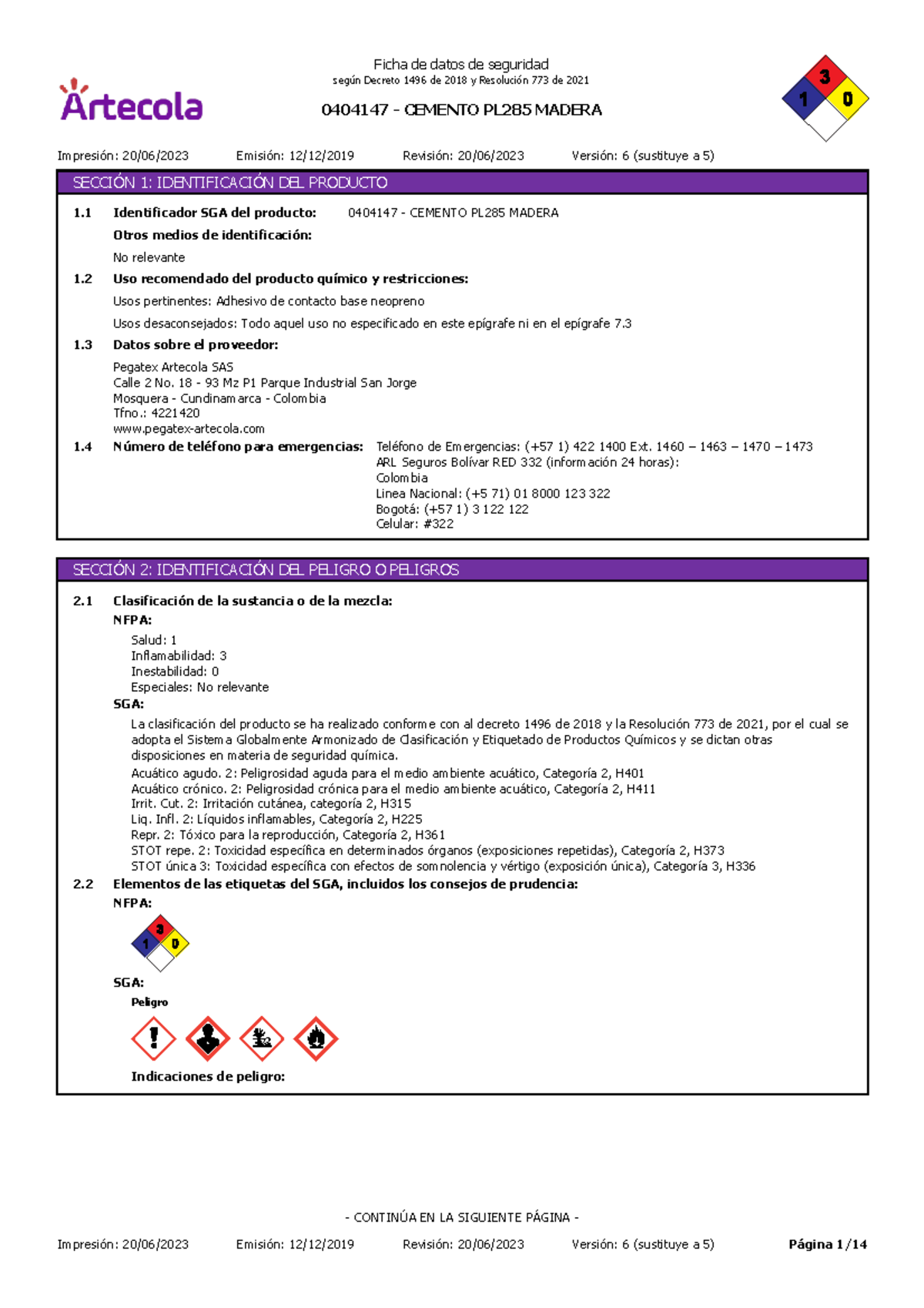 Ficha de Seguridad de Pegante PL285 según Decreto 1496/2018 y Resolución - Document Preview