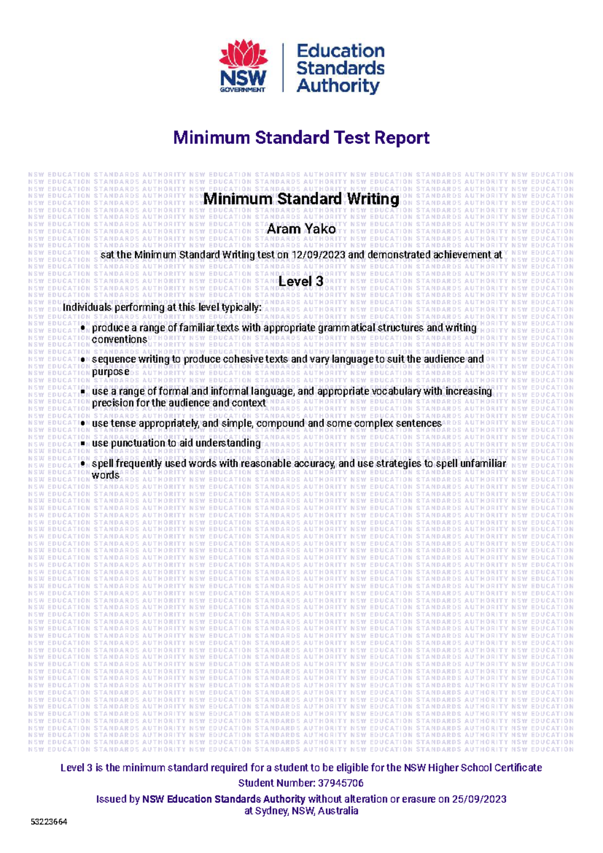 Minimum Standard Writing Test Report - Level 3 Achievement - Studocu