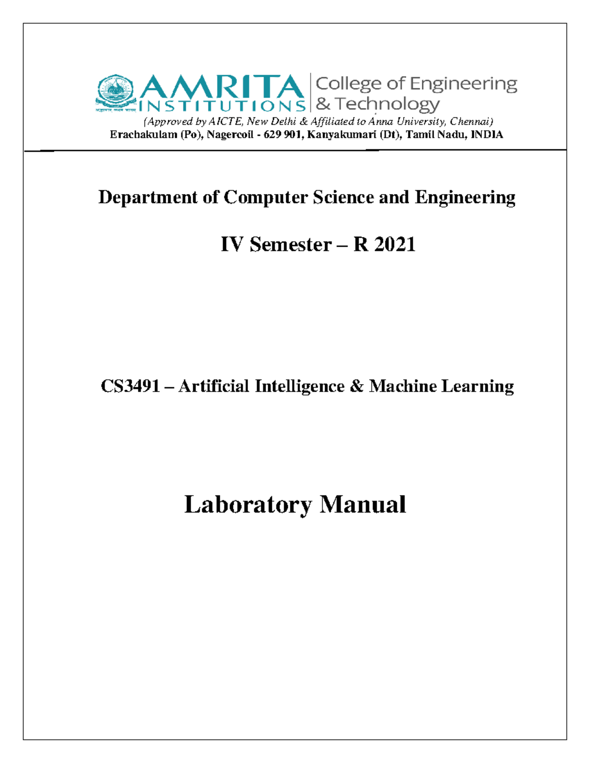 CS3491 AIML Lab Manual - IV Sem R 2021 - Studocu