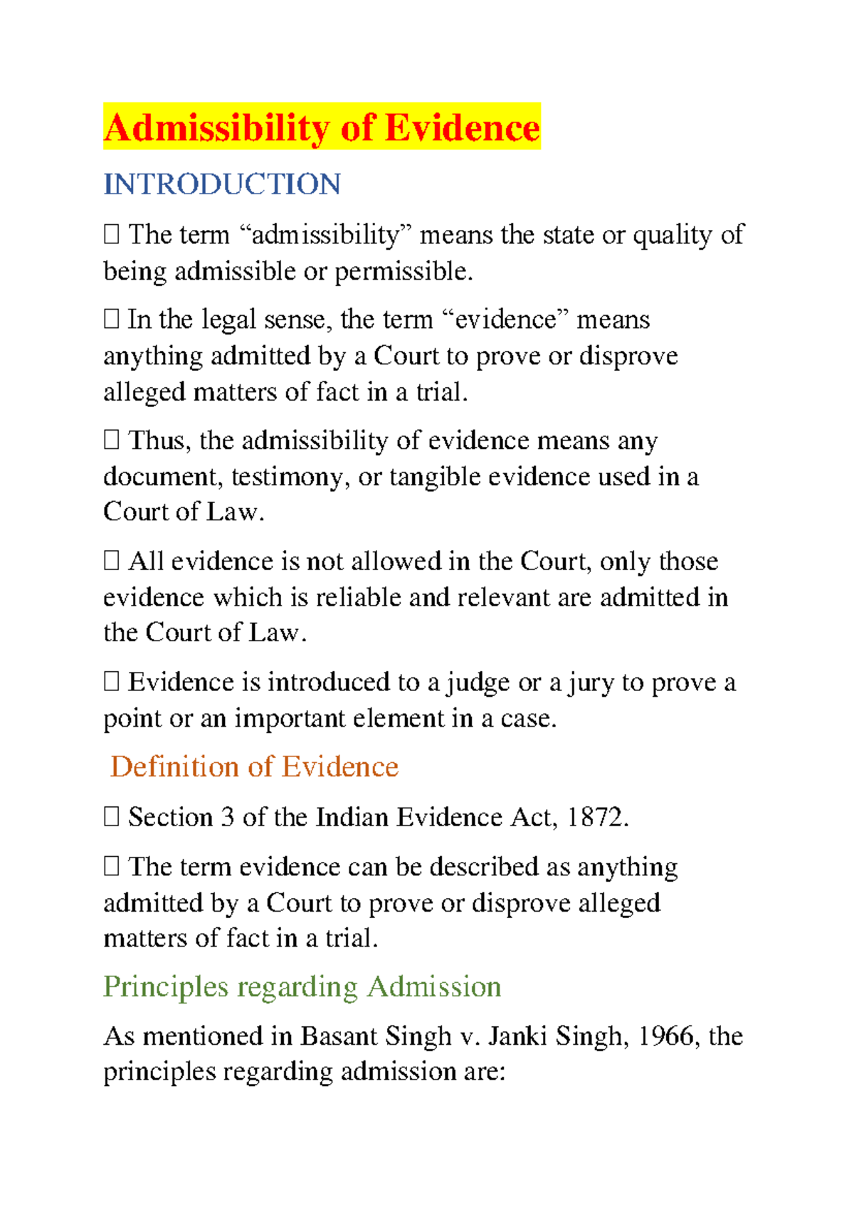 Admissibility of Evidence in Court: Key Concepts and Principles - Studocu