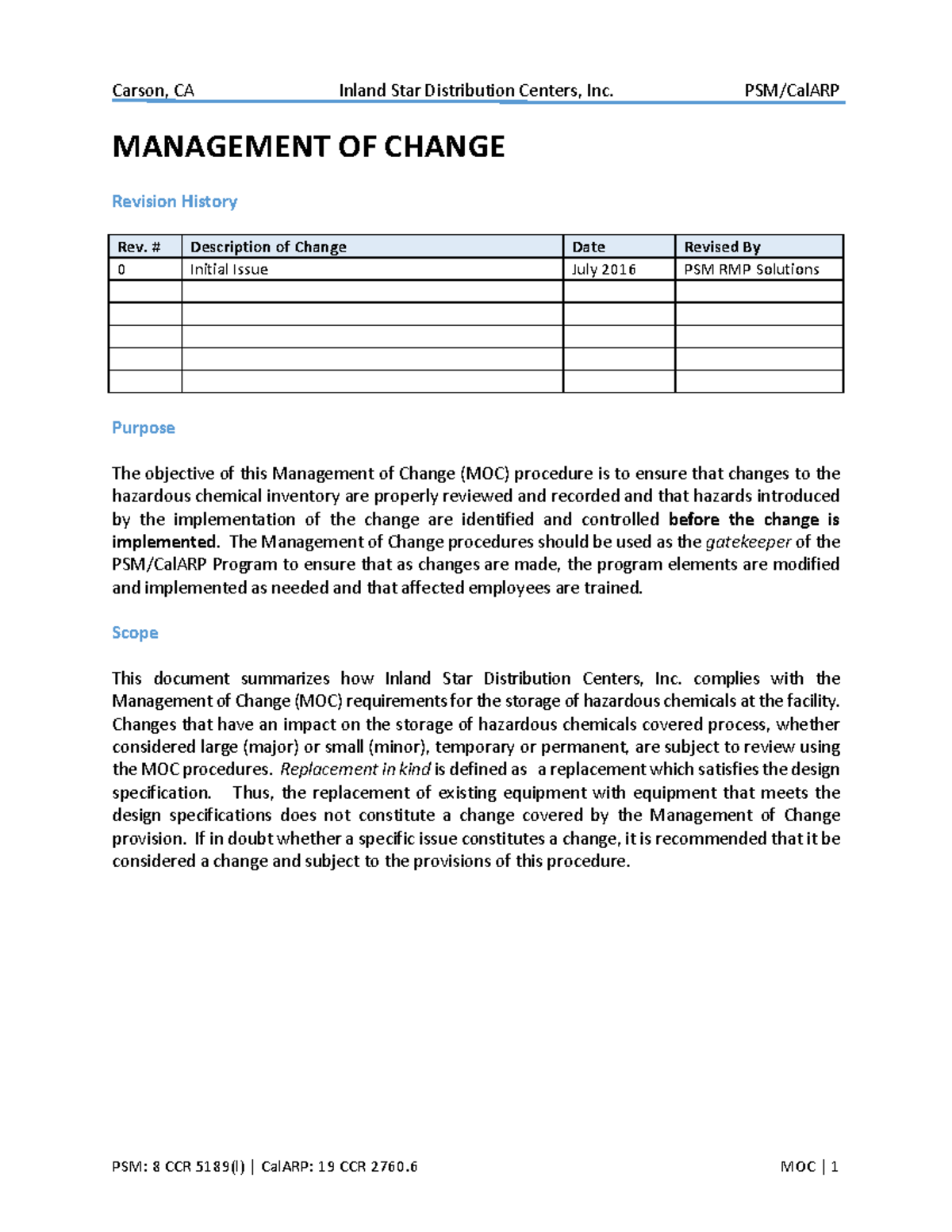Management of Change (MOC) Procedures for Hazardous Chemicals - Rev. 0 ...