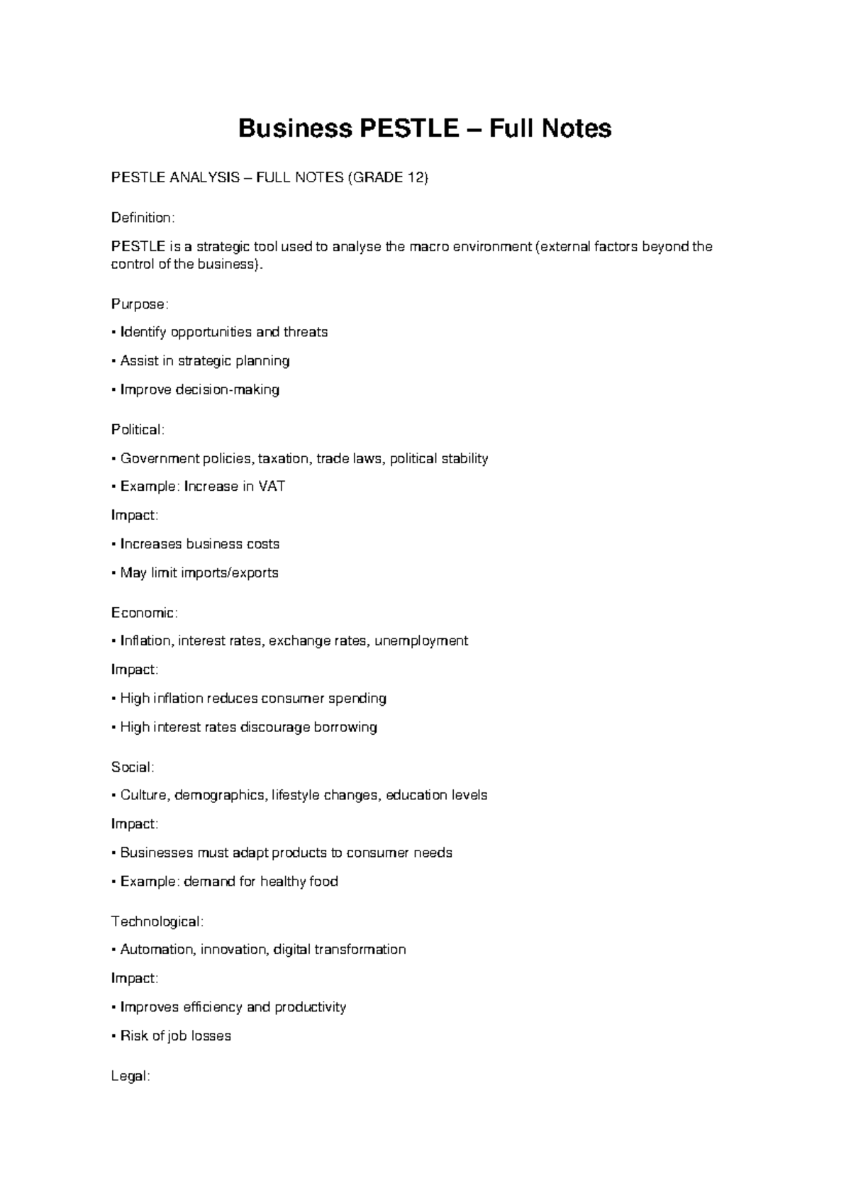 Business PESTLE Analysis Full Notes (Grade 12) - Studocu