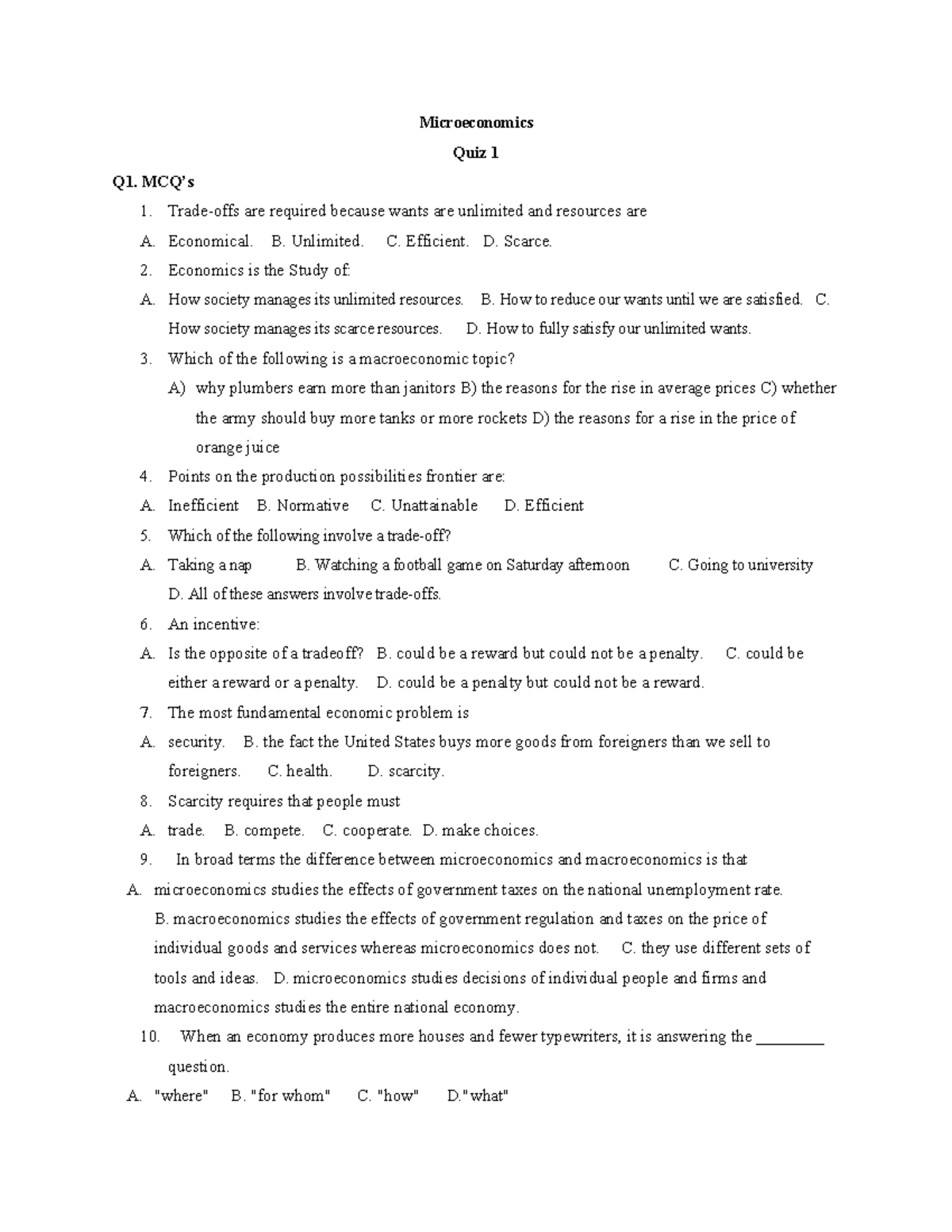 Microeconomics Quiz 1: Key Concepts and Questions - Studocu