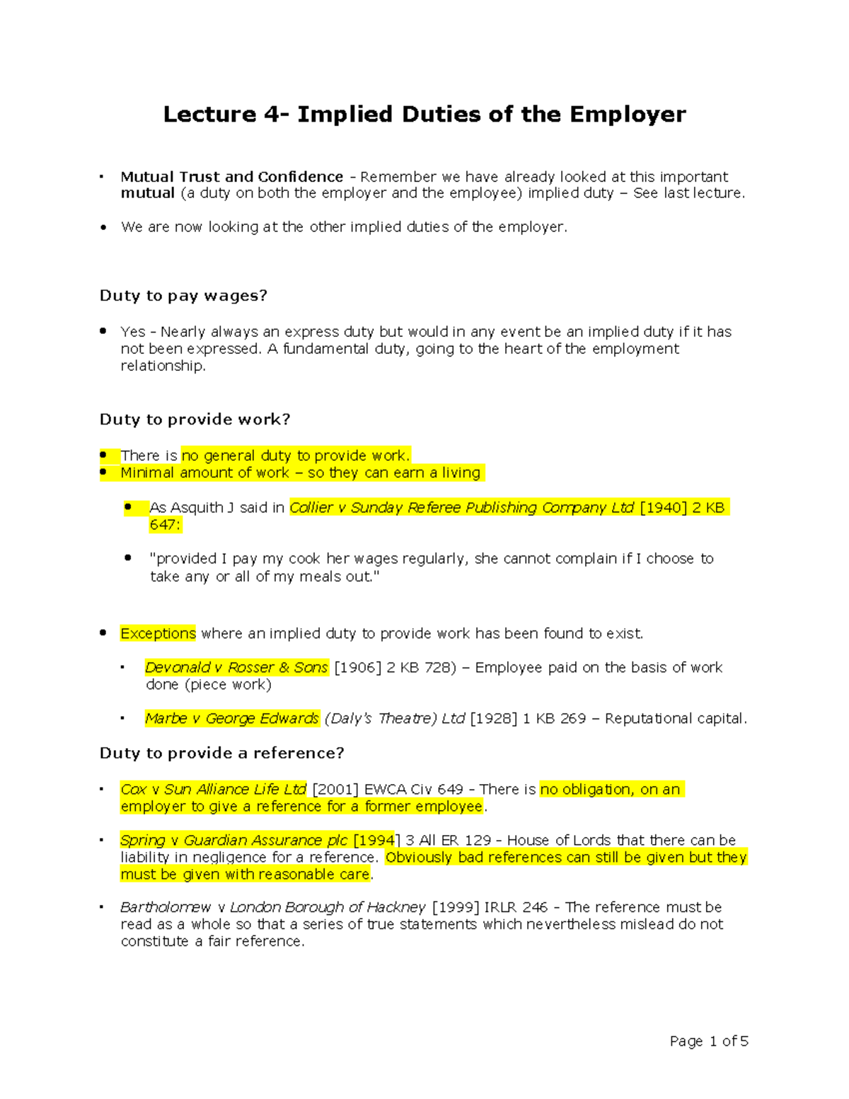 L4 - Lecture on Implied Duties of Employers: Payment, Work, and Care ...