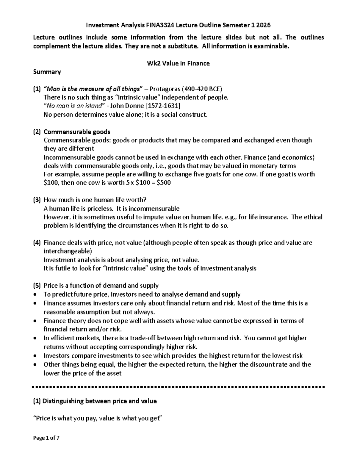 Investment Analysis FINA3324 Lecture Outline Semester 1 2026 - Studocu