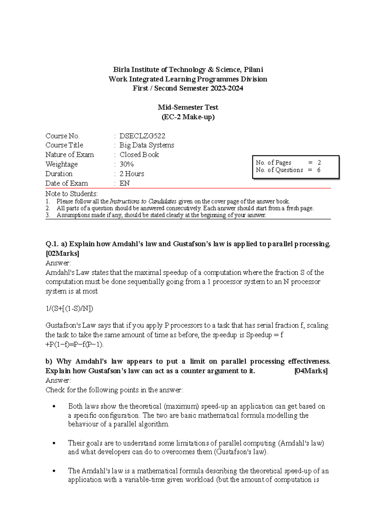 BDS Midsem Makeup Answer Key - Birla Institute of Technology & Science ...