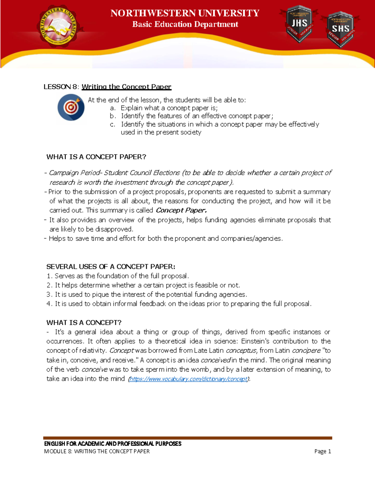 Lesson 8: Writing the Concept Paper for Academic Purposes - Studocu