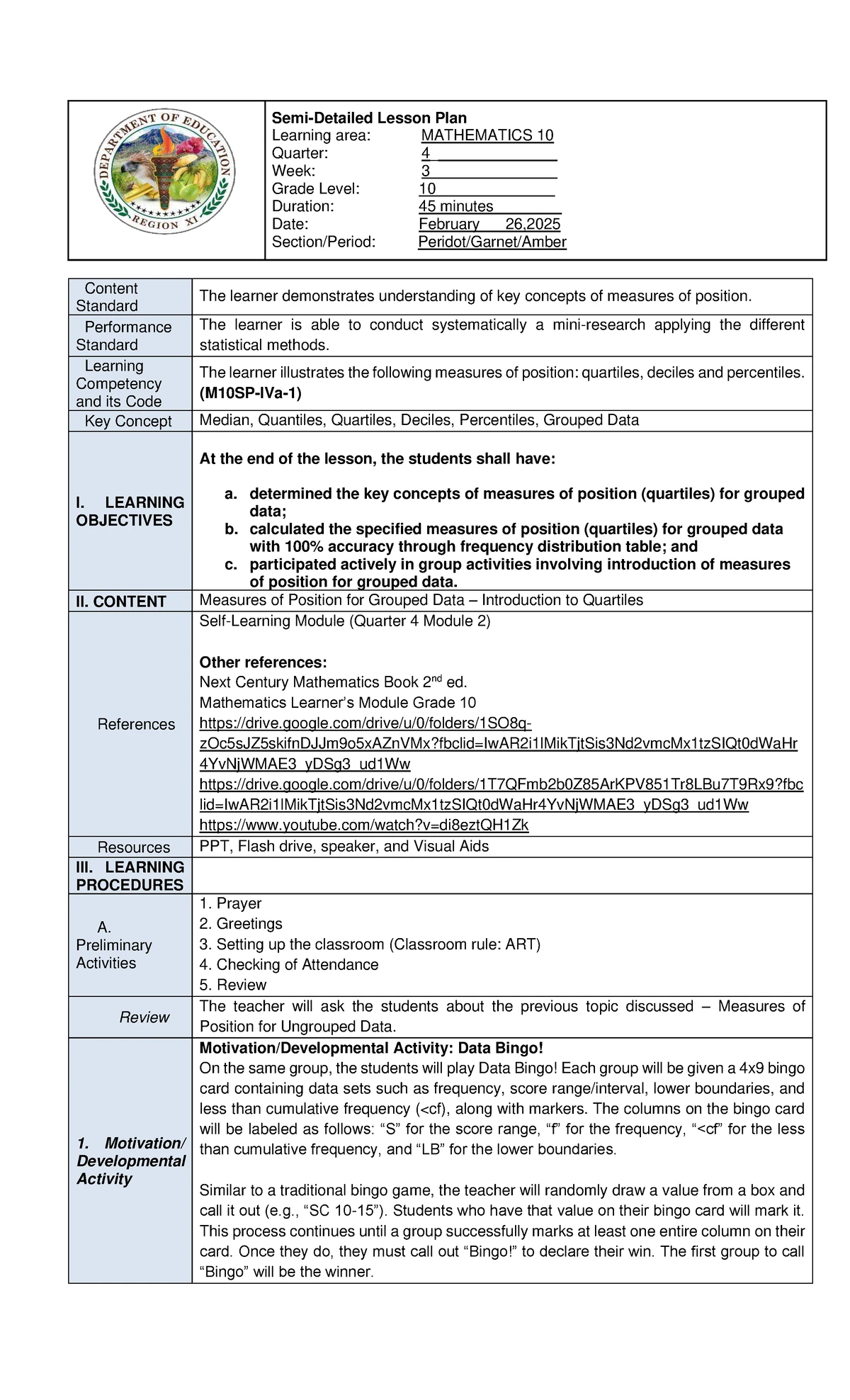 LP-MATH-10-Q4-W2-2 Lesson Plan on Deciles for Grouped Data - Studocu