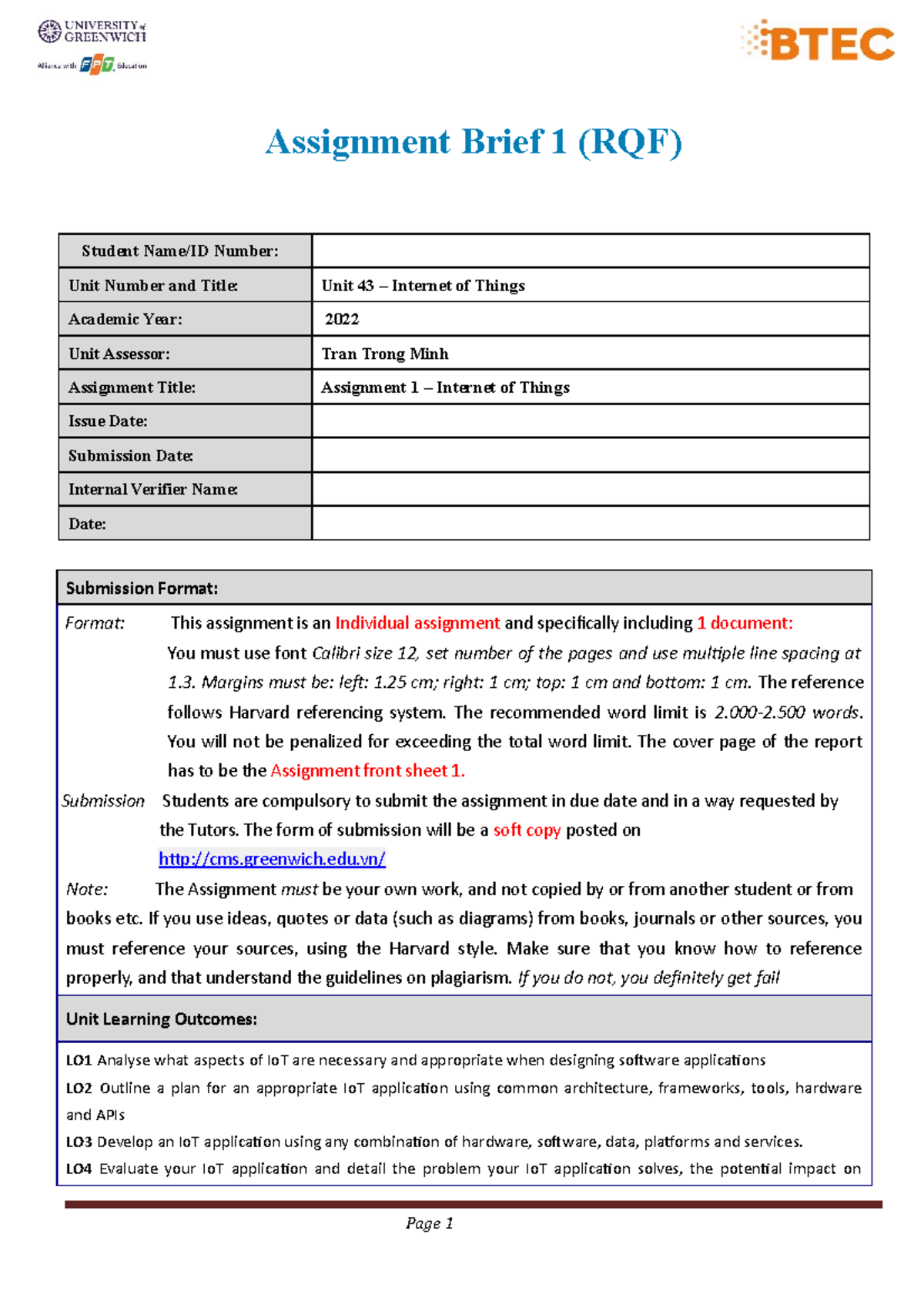 43-Io T - Assignment Brief 1 (RQF) Student Name/ID Number: Unit Number ...