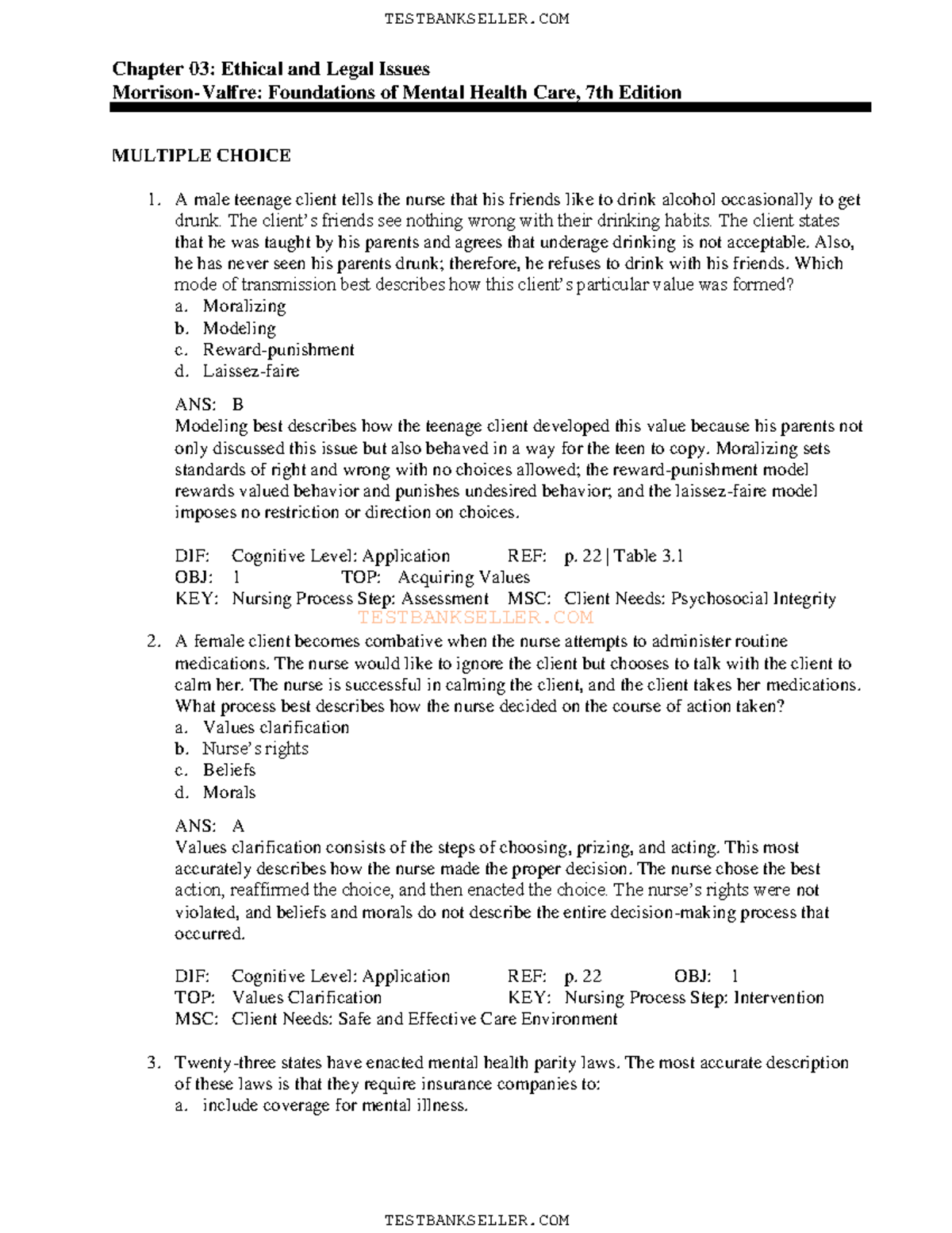 Chapter 03 - Ethical and Legal Issues in Mental Health Test Bank - Studocu