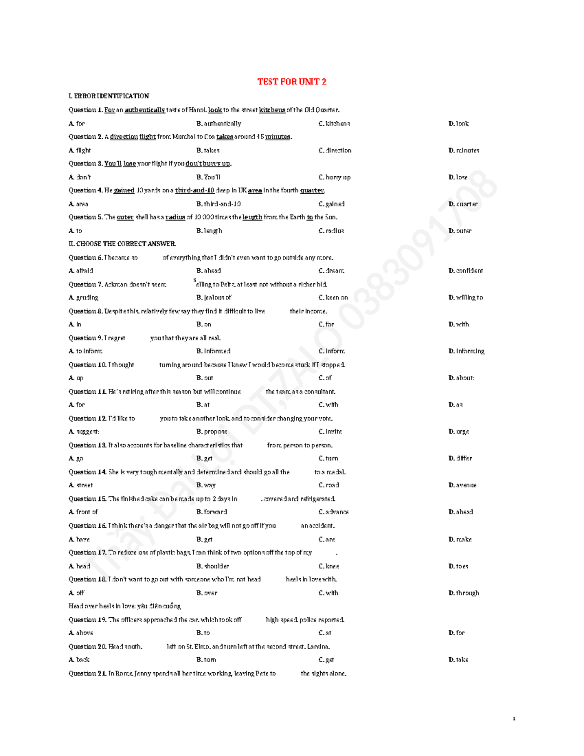 Test for Unit 2: Error Identification and Answer Choices - Studocu