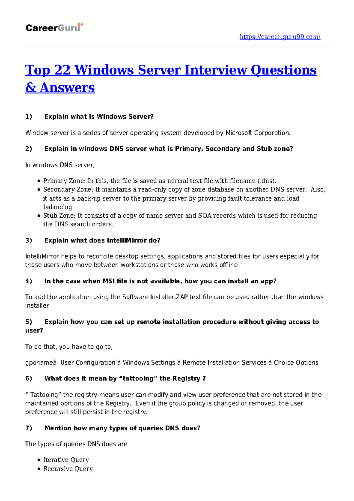 Top 22 Windows Server Interview Questions & Answers (IT-101) - Studocu