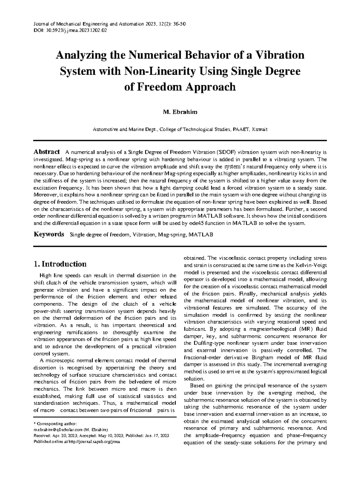 Analyzing SDOF Vibration Systems: Numerical Behavior Study in MEA 2023 ...