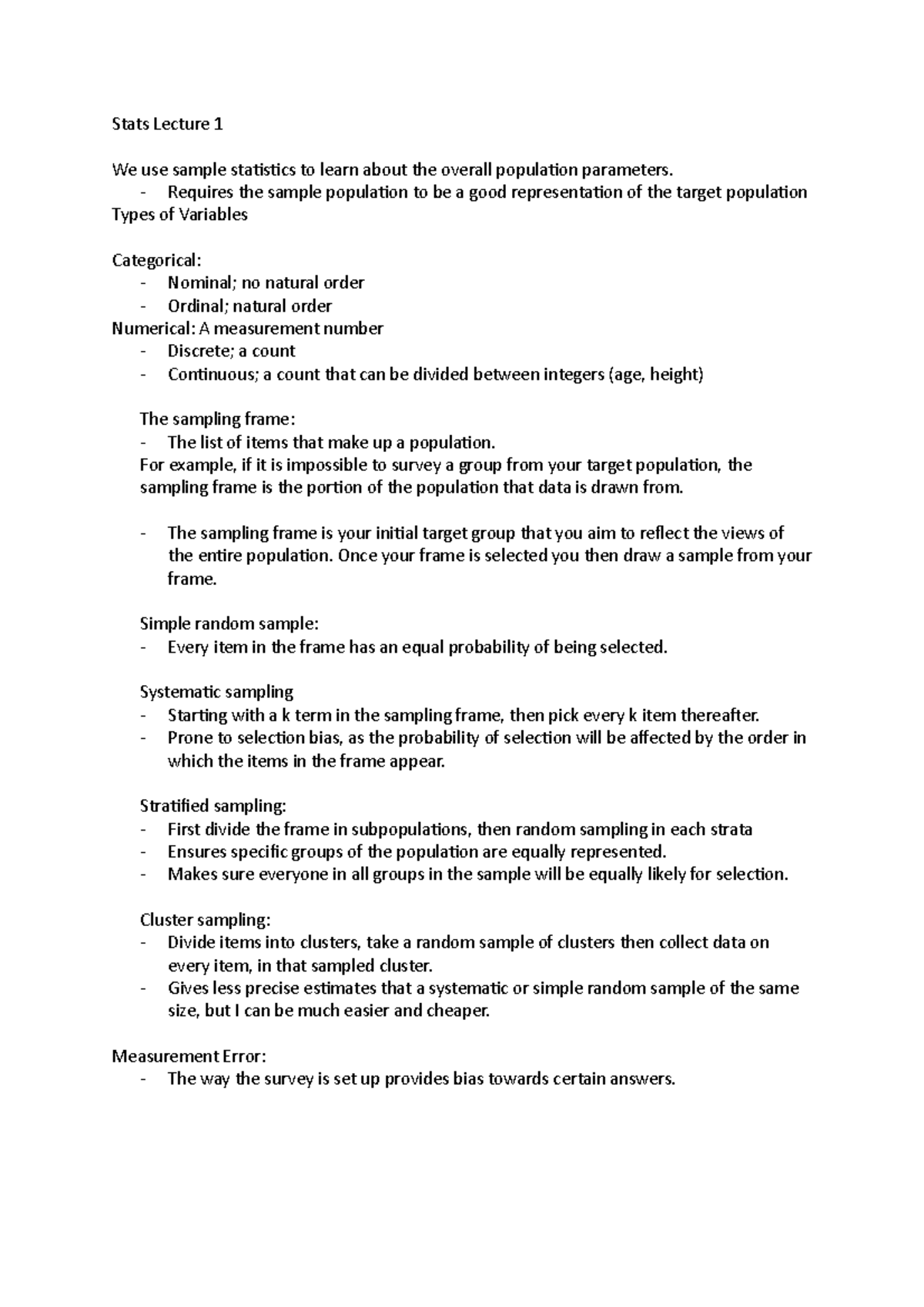 Stats Lecture Notes - Stats Lecture 1 We use sample statistics to learn ...