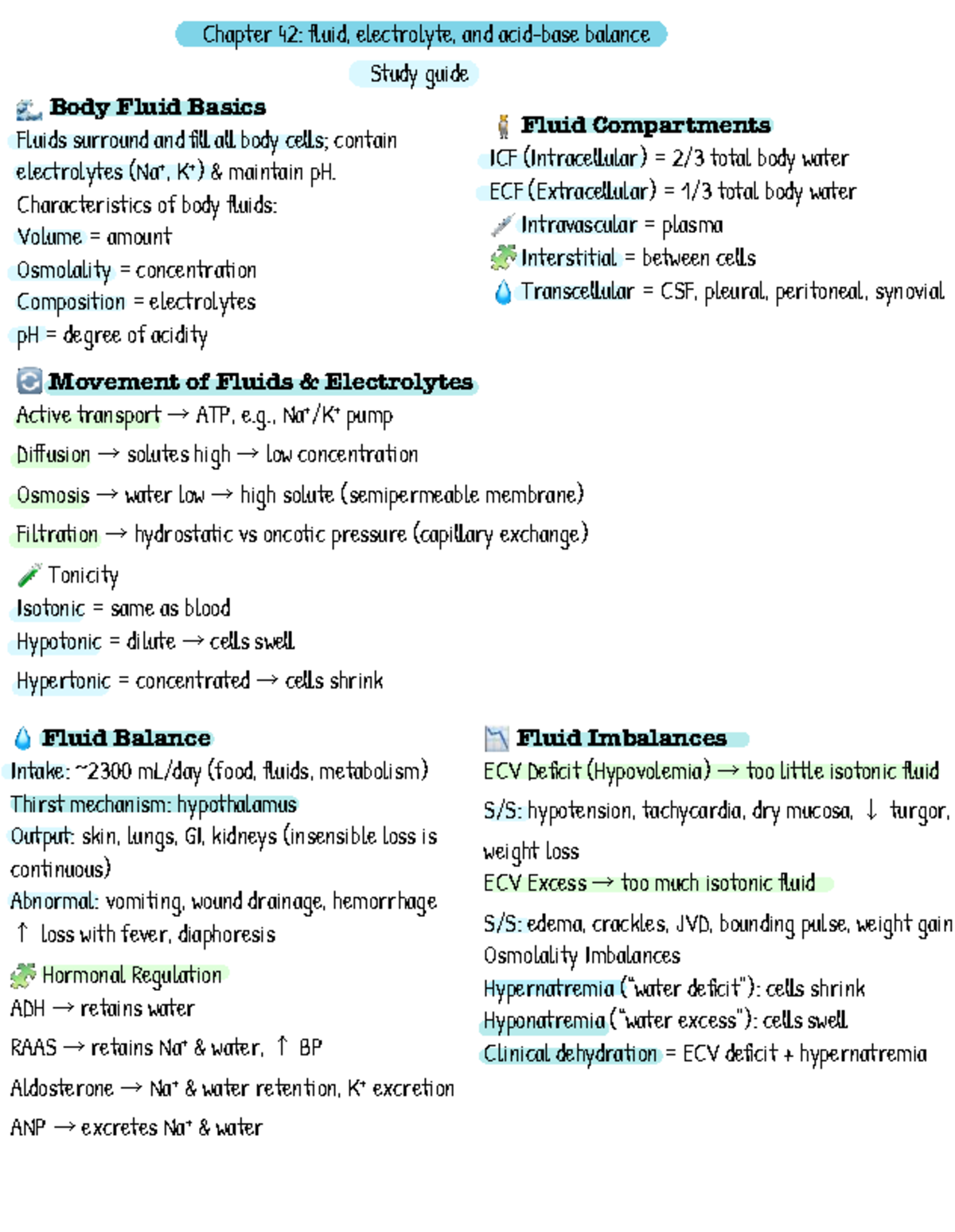 Chapter 42: Fluid, Electrolyte, and Balance Study Guide for Exam 3 ...