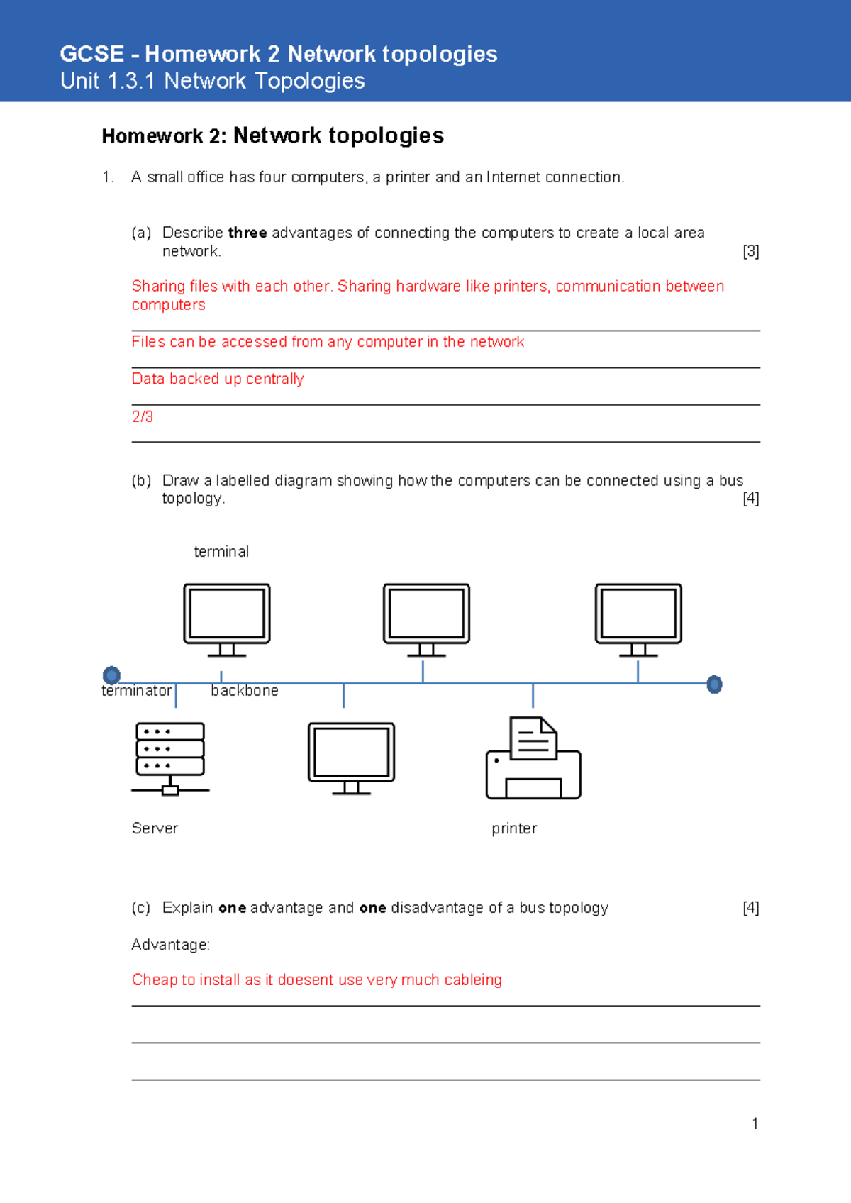 Comms and Netwk Hwk 2 Topologies - GCSE - Homework 2 Network topologies ...