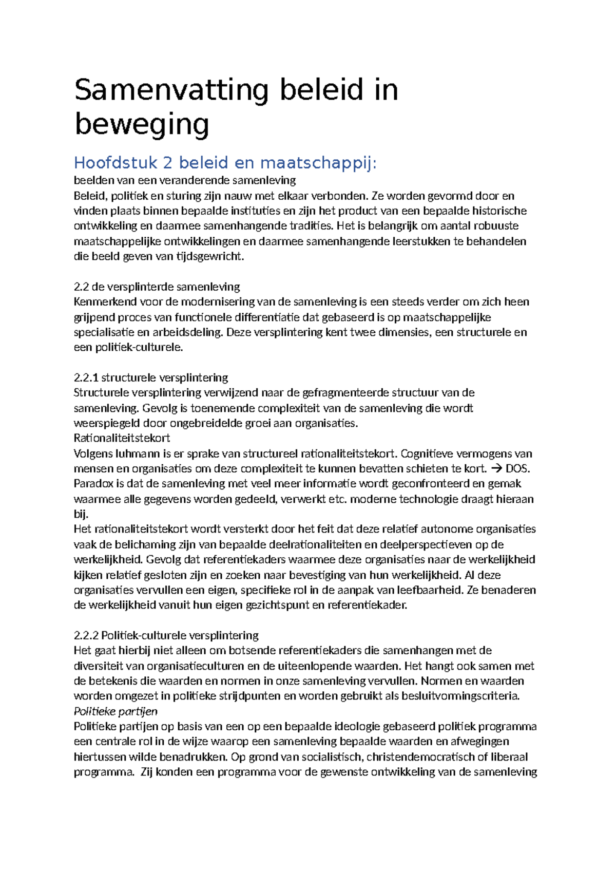 Samenvatting Beleid in Beweging: Hoofdstuk 2 Beleid en Samenleving ...