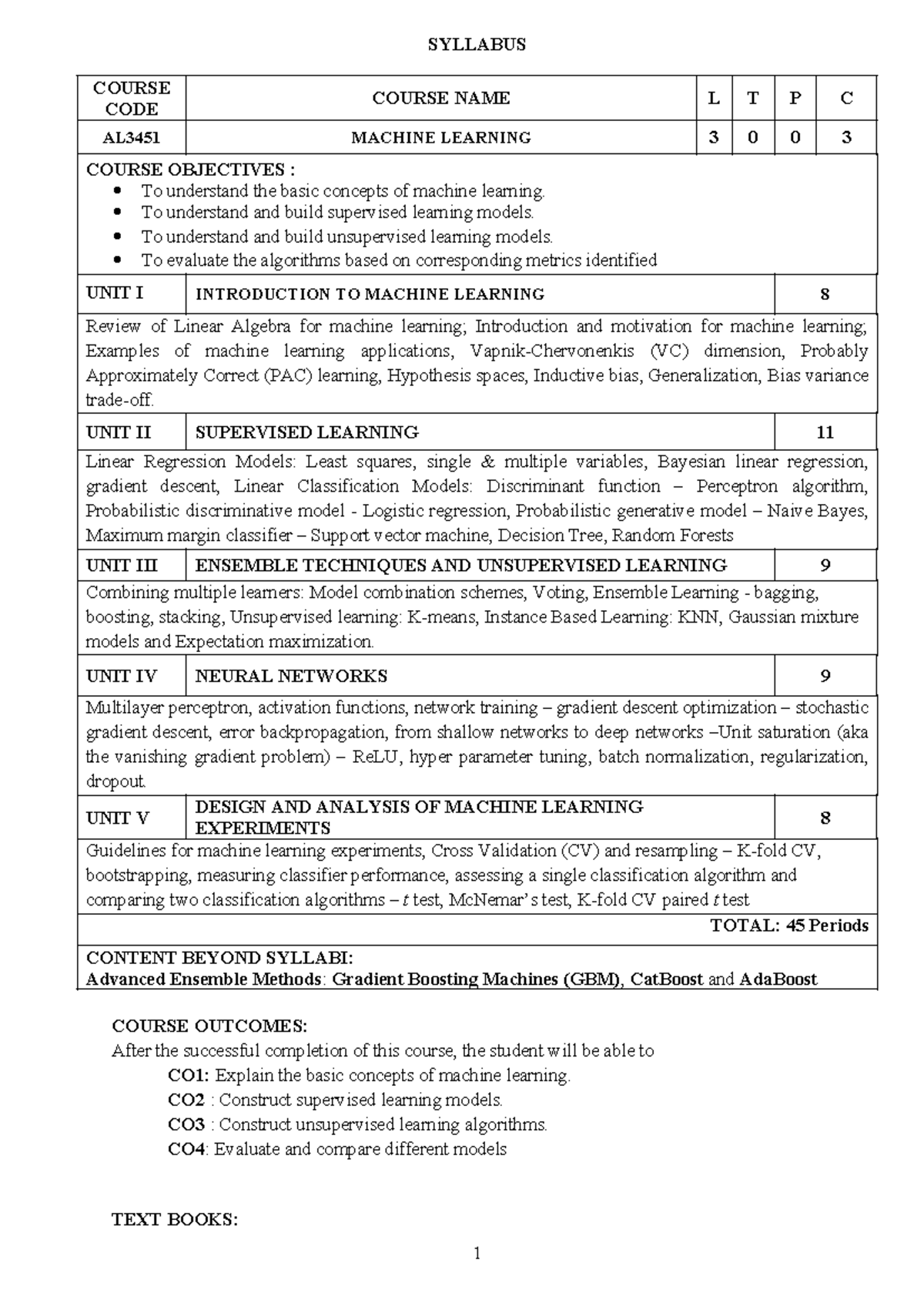 SYLLABUS AL3451 MACHINE LEARNING COURSE PLAN AND OBJECTIVES - Studocu