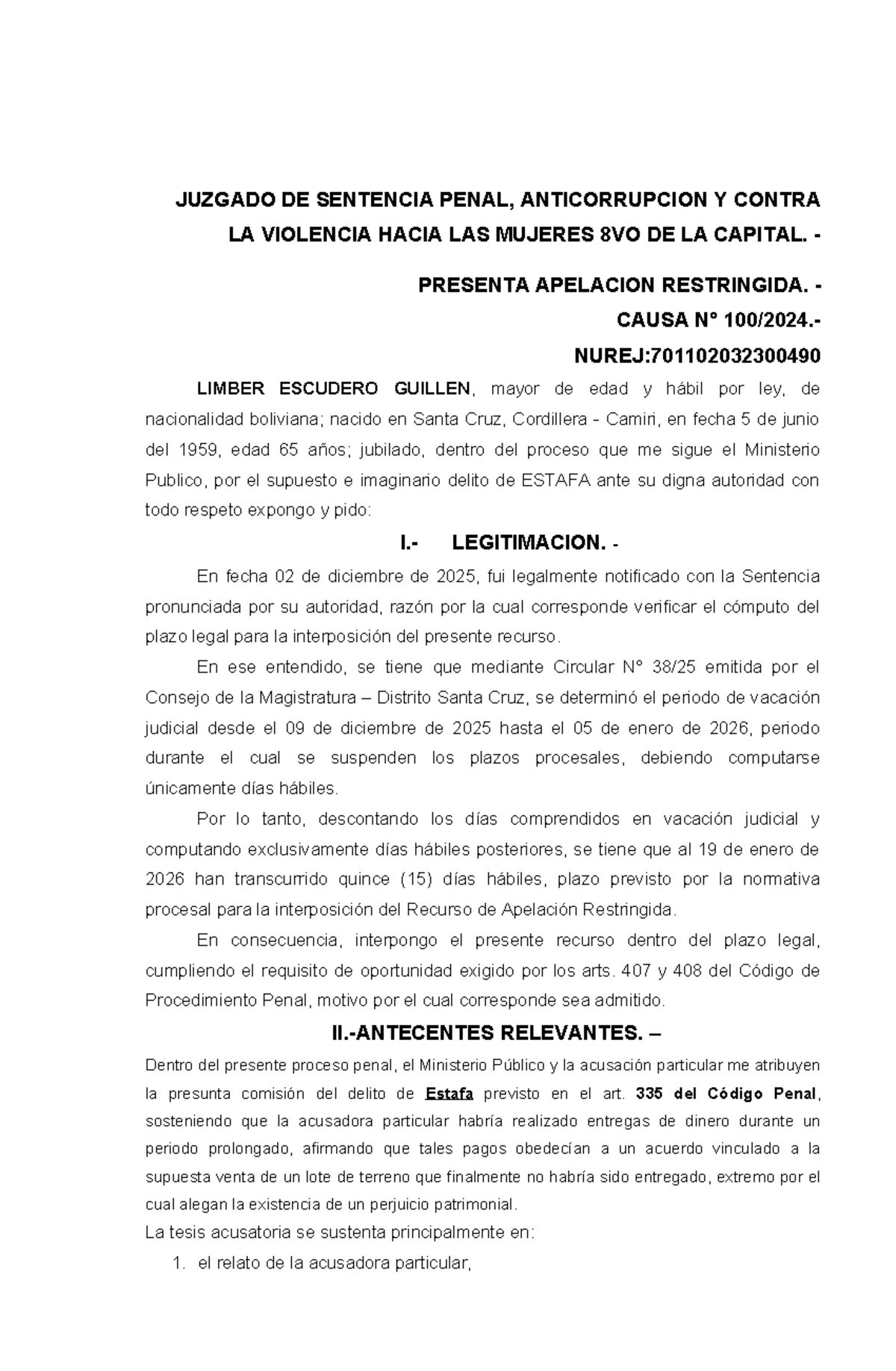 Apelación Restringida en el Caso Limber Escudero Guillen - Causa Penal - Document Preview