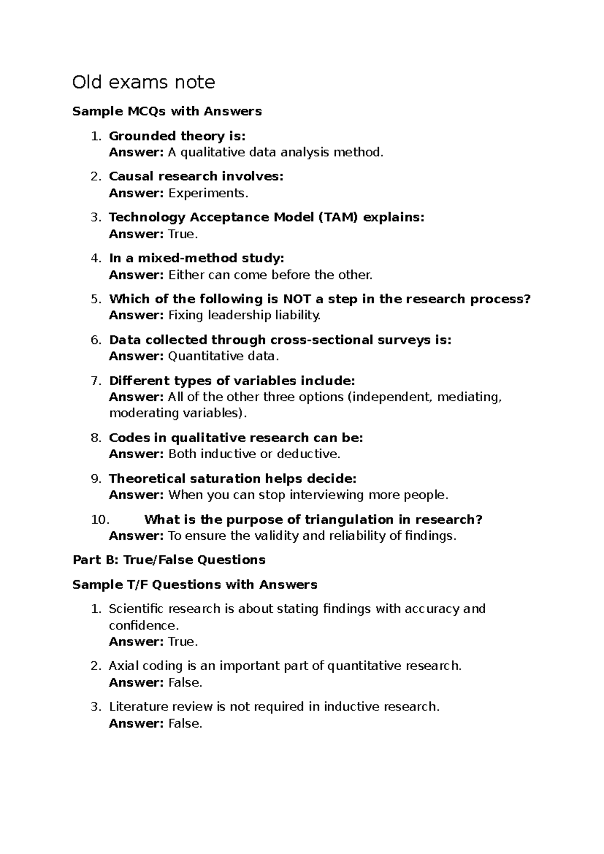 Eksamensnotater: Sample MCQs & Answers for Qualitative Research - Studocu