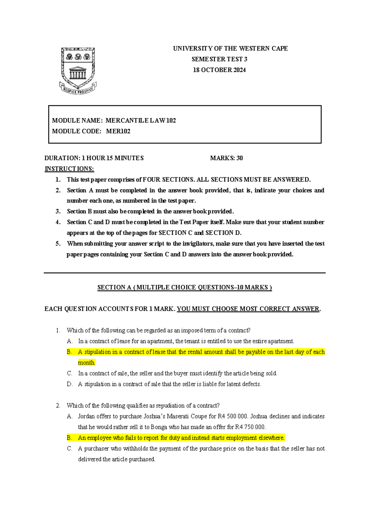 MER102 Semester Test 3 Memo - Mercantile Law 102 Analysis - Studocu