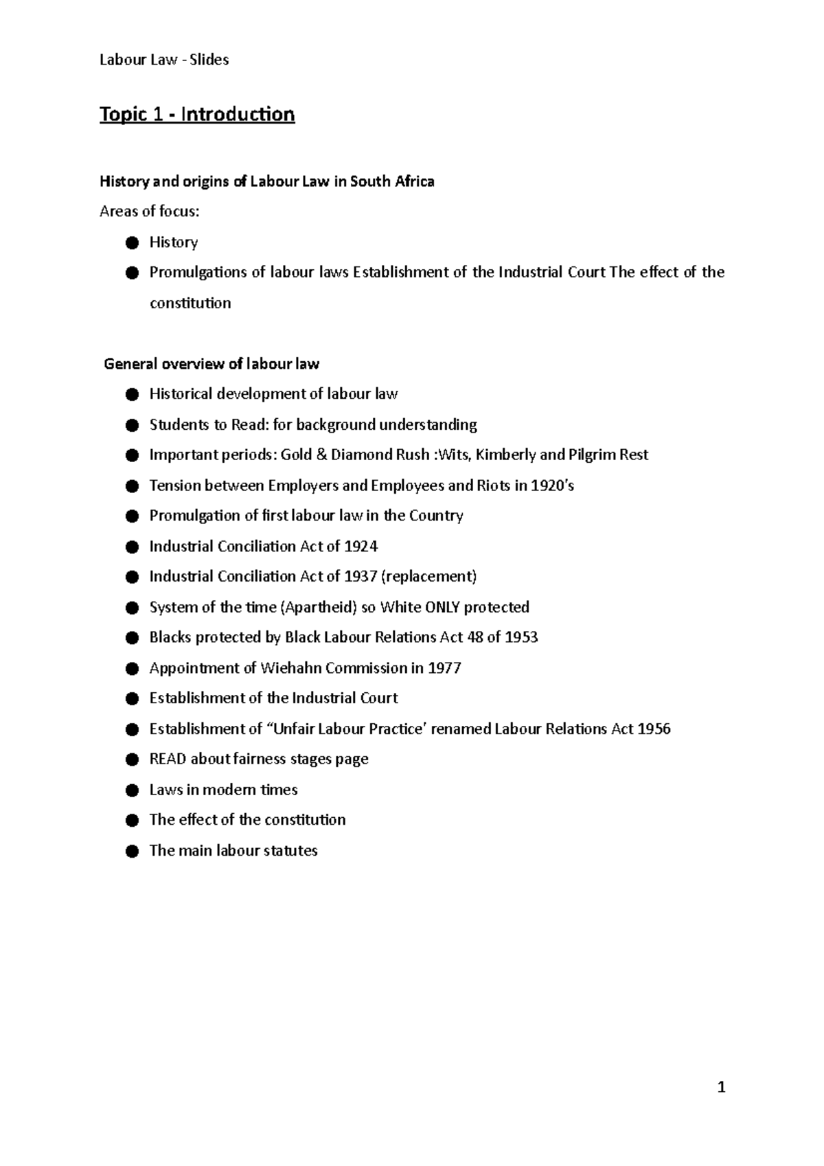 Labour Law Overview and Key Topics - Notes for LLB 101 Lecture - Studocu