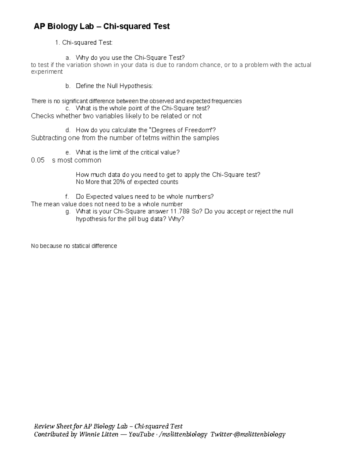 APBio Lab Review: Chi-Squared Test Worksheet Analysis - Studocu