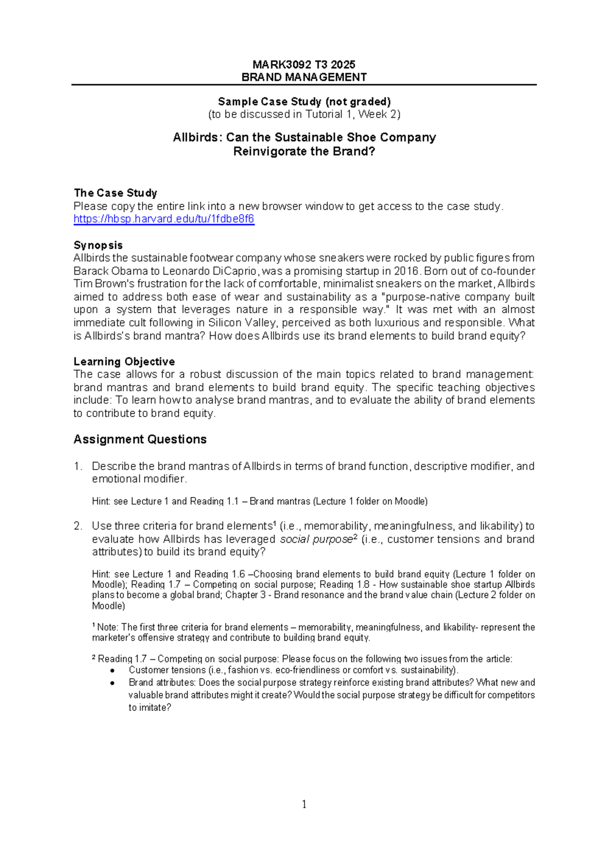MARK3092 T3 2025 - Allbirds Brand Management Case Study Overview - Studocu