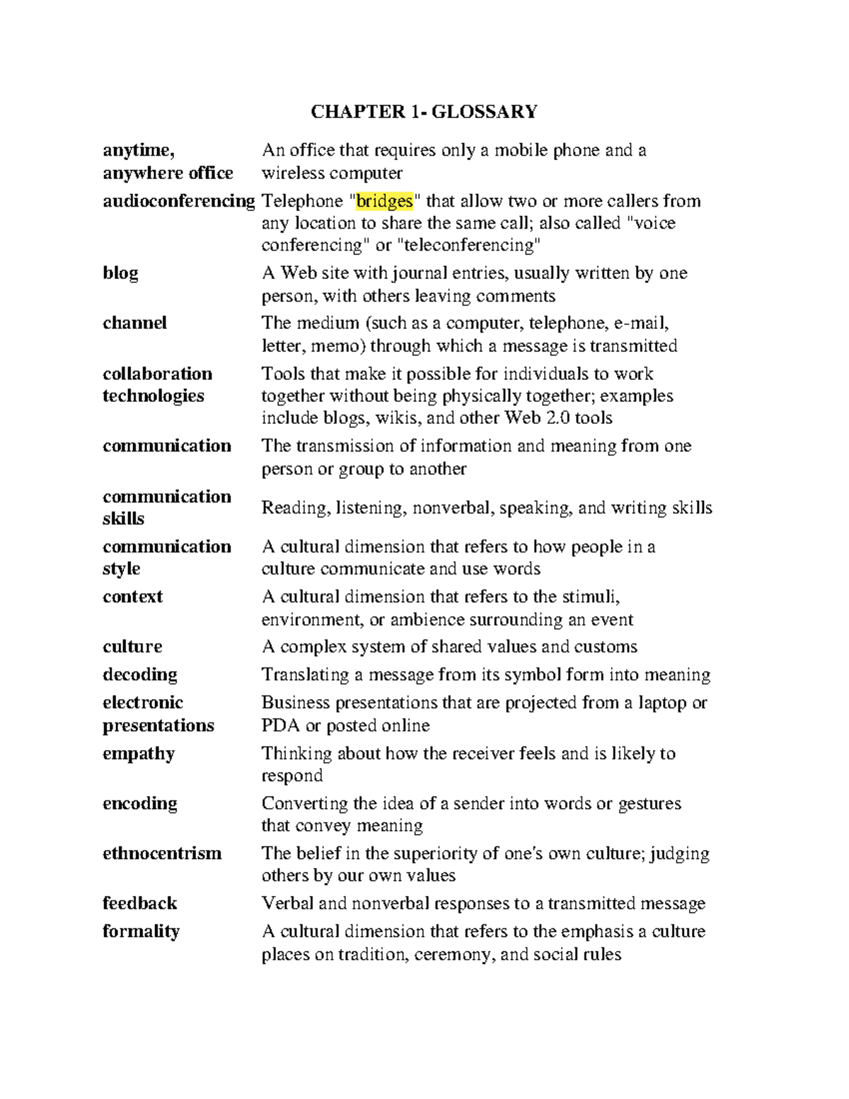 CHAPTER 1 GLOSSARY: Key Terms in Communication and Collaboration - Studocu