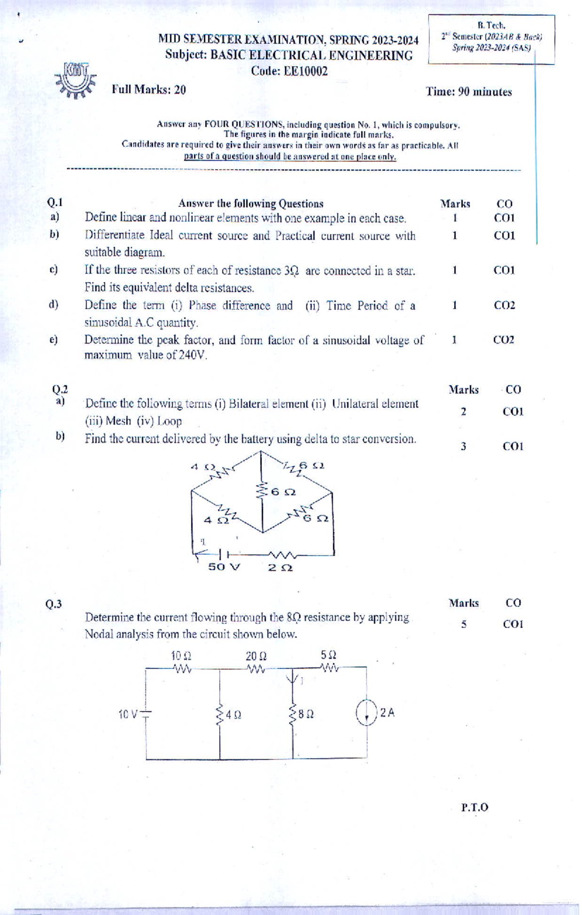 Basic Electrical Engineering (EE10002) - B. Tech. MID SEMESTER ...