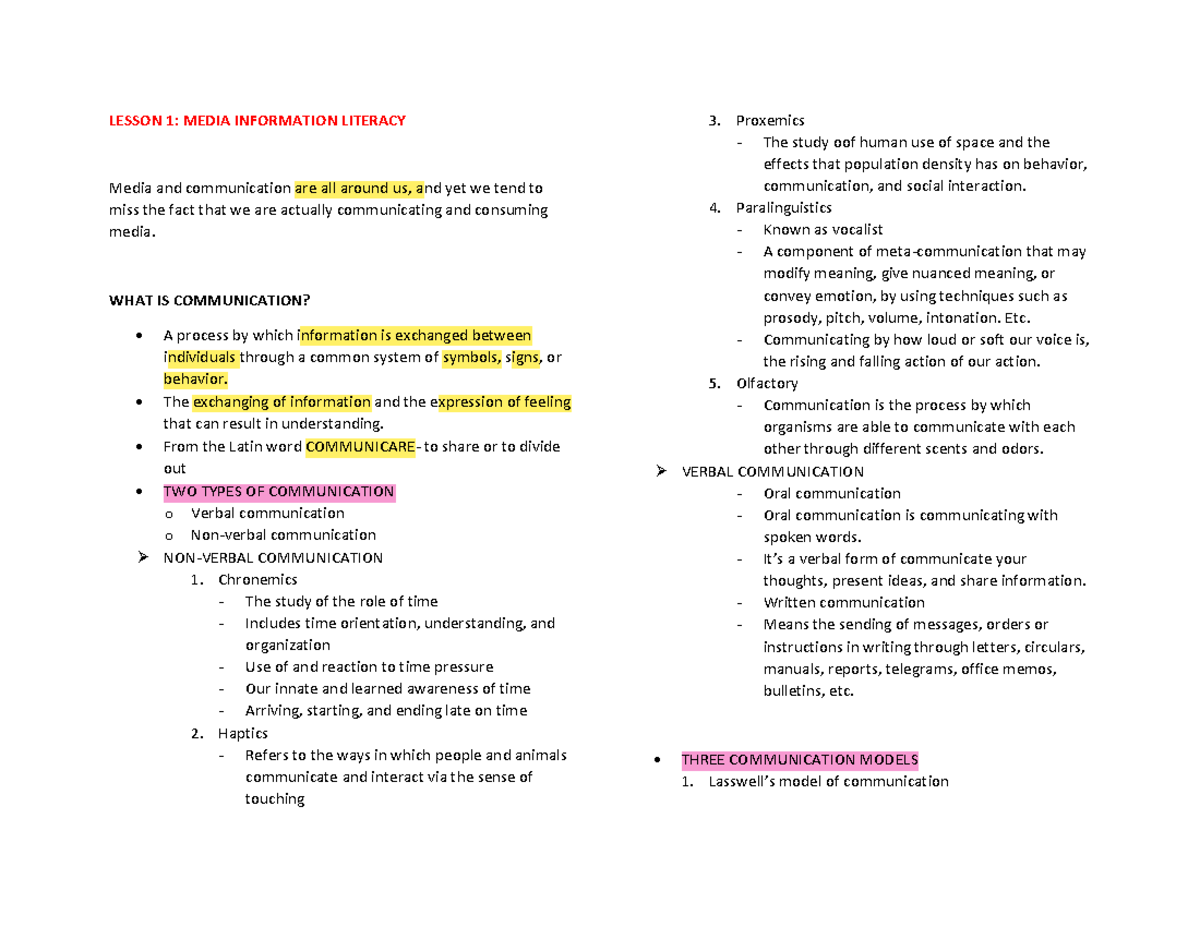Prelim Notes: Lesson 1 & 2 on Media Information Literacy - Studocu