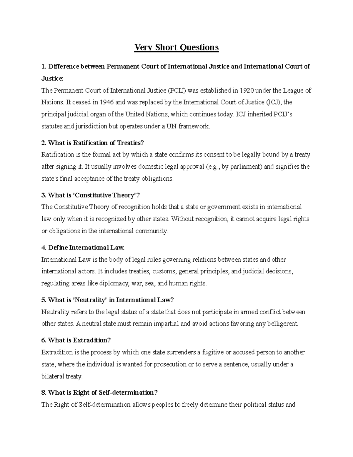 PIL 101: Key Concepts and Short Questions for International Law Exam ...