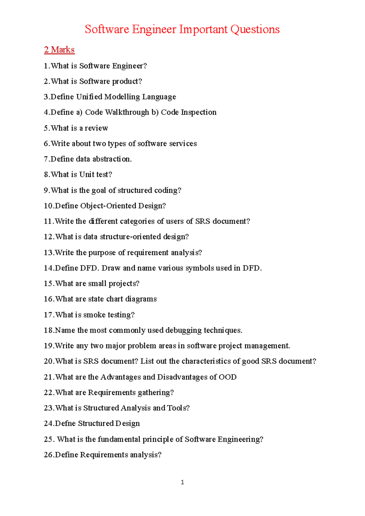 Software Engineering: Key 2-Mark Questions Overview - Studocu