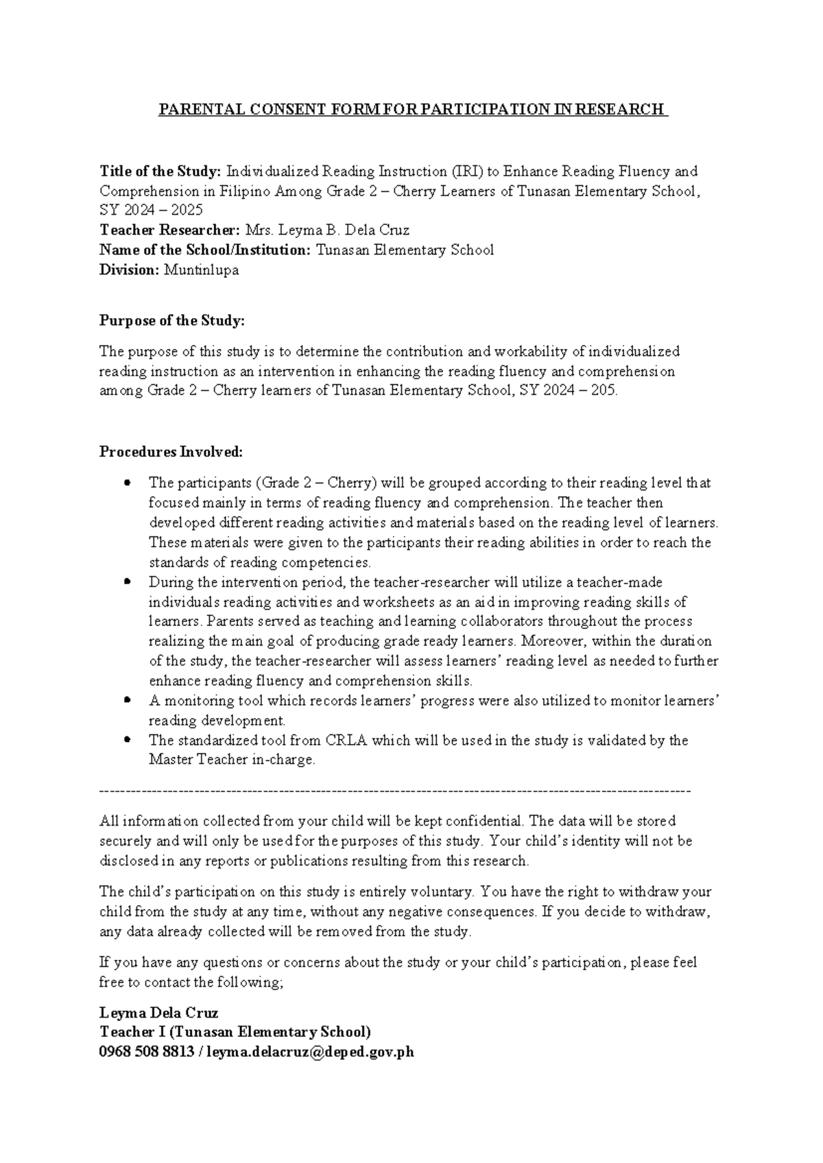 Parental Consent FORM FOR Participation IN Research - PARENTAL CONSENT ...