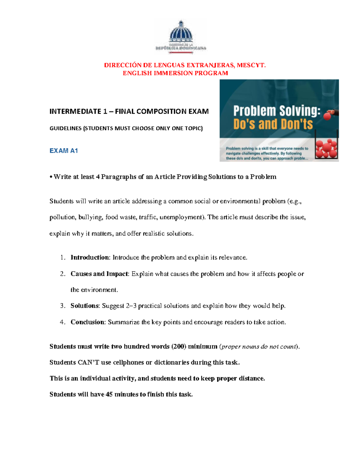 MESCYT ENGLISH IMMERSION PROGRAM INTERMEDIATE 1 FINAL EXAM GUIDELINES ...