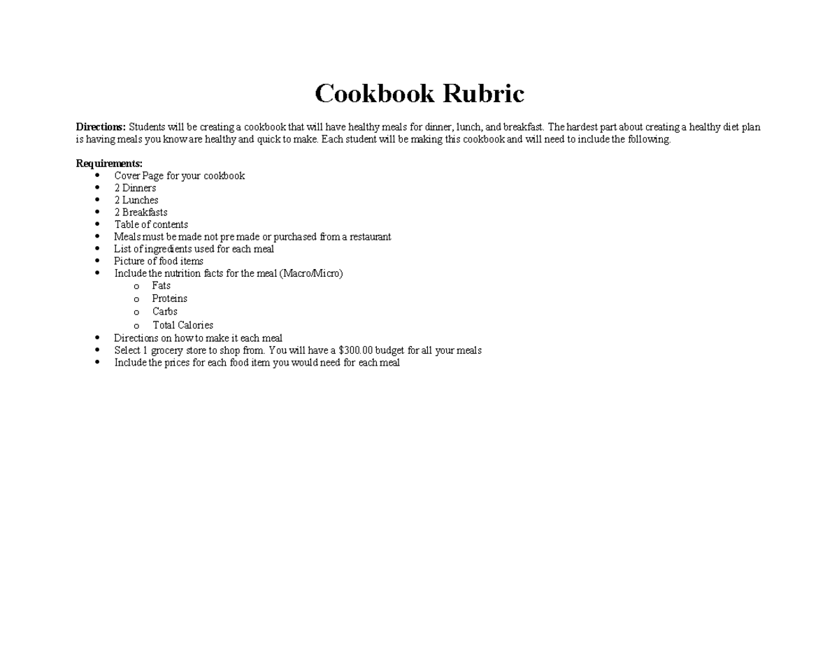 Cookbook Rubric 24-25: Healthy Meals Assignment Guidelines - Studocu
