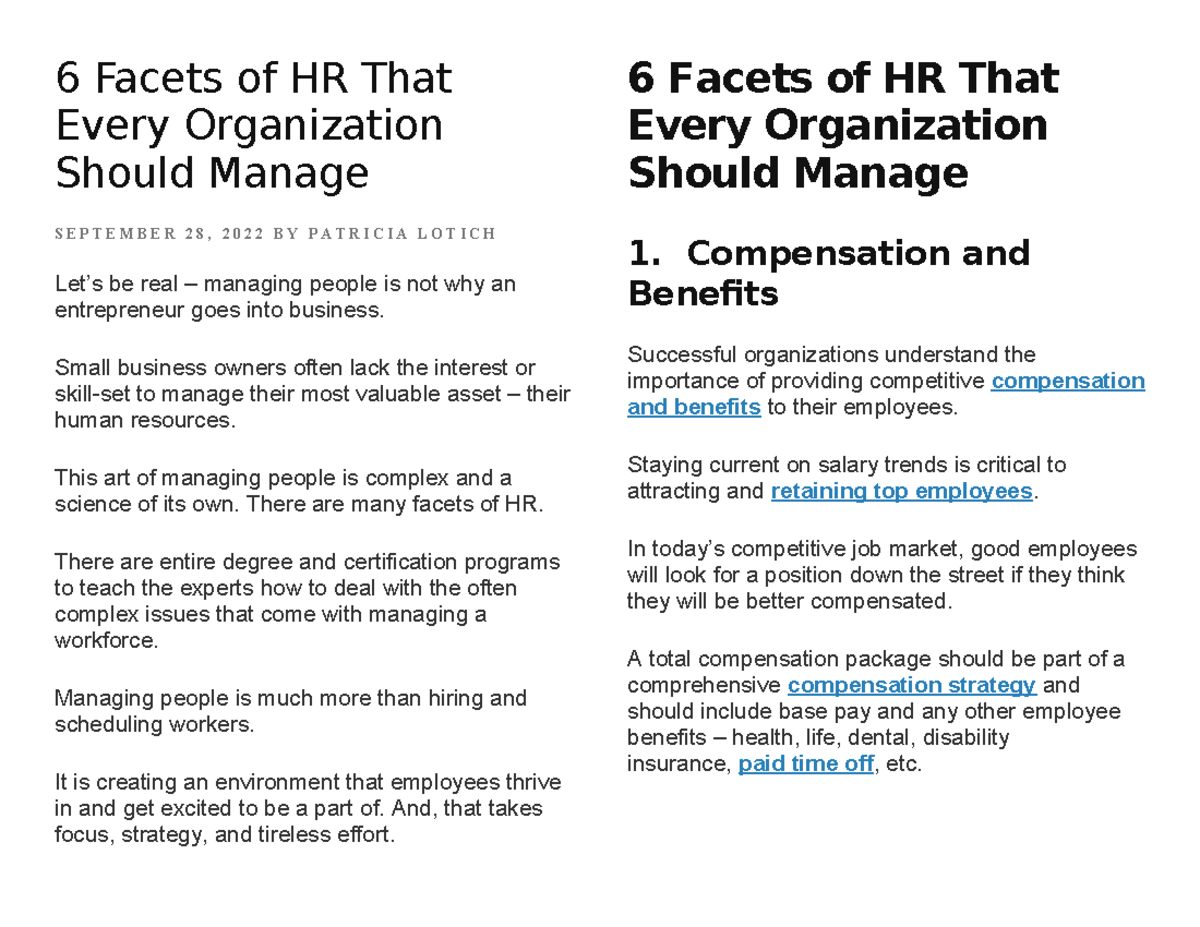 HR Management: 6 Key Facets for Organizational Success - Studocu