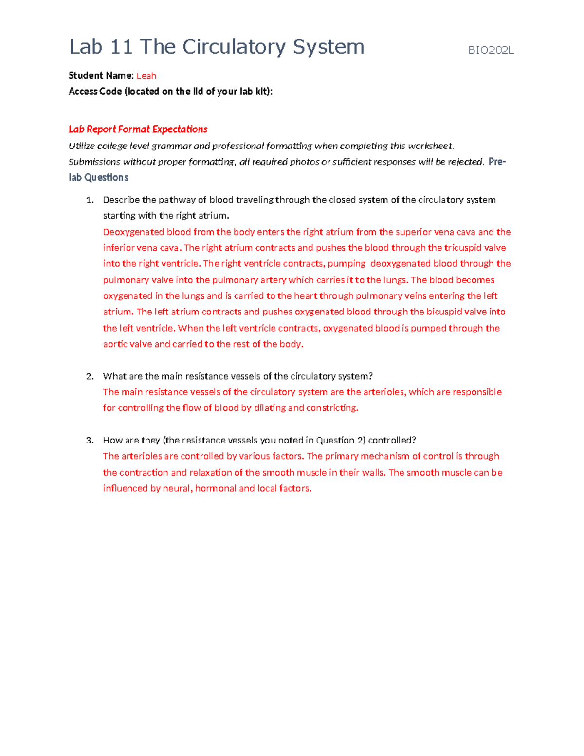 Lab 11: The Circulatory System - BIO202L Lab Report and Observations ...