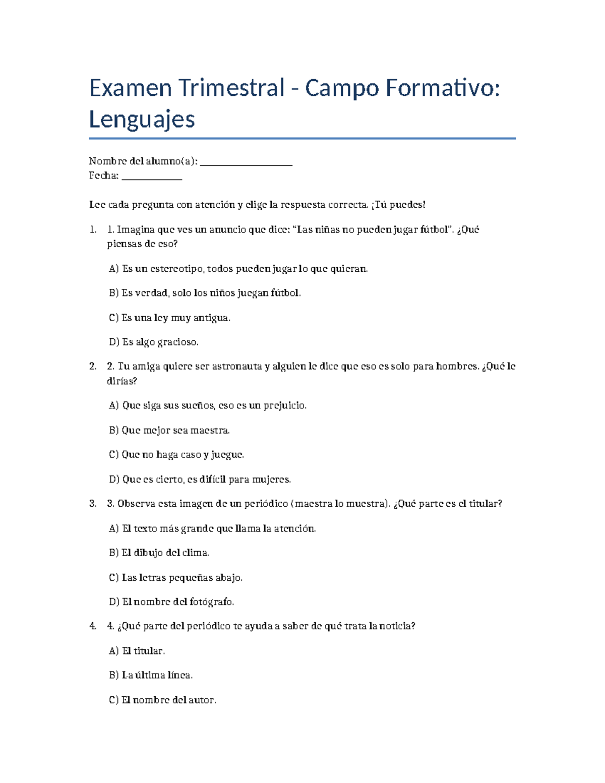 Examen Trimestral Lenguajes 4to Grado Interactivo - Studocu