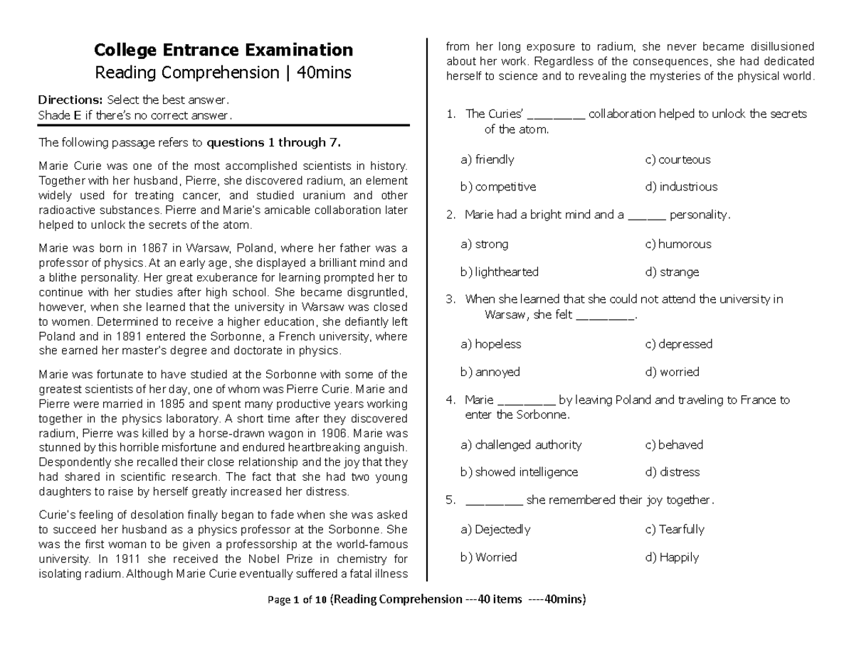 SET1 Reading Comprehension-font-11 - College Entrance Examination ...