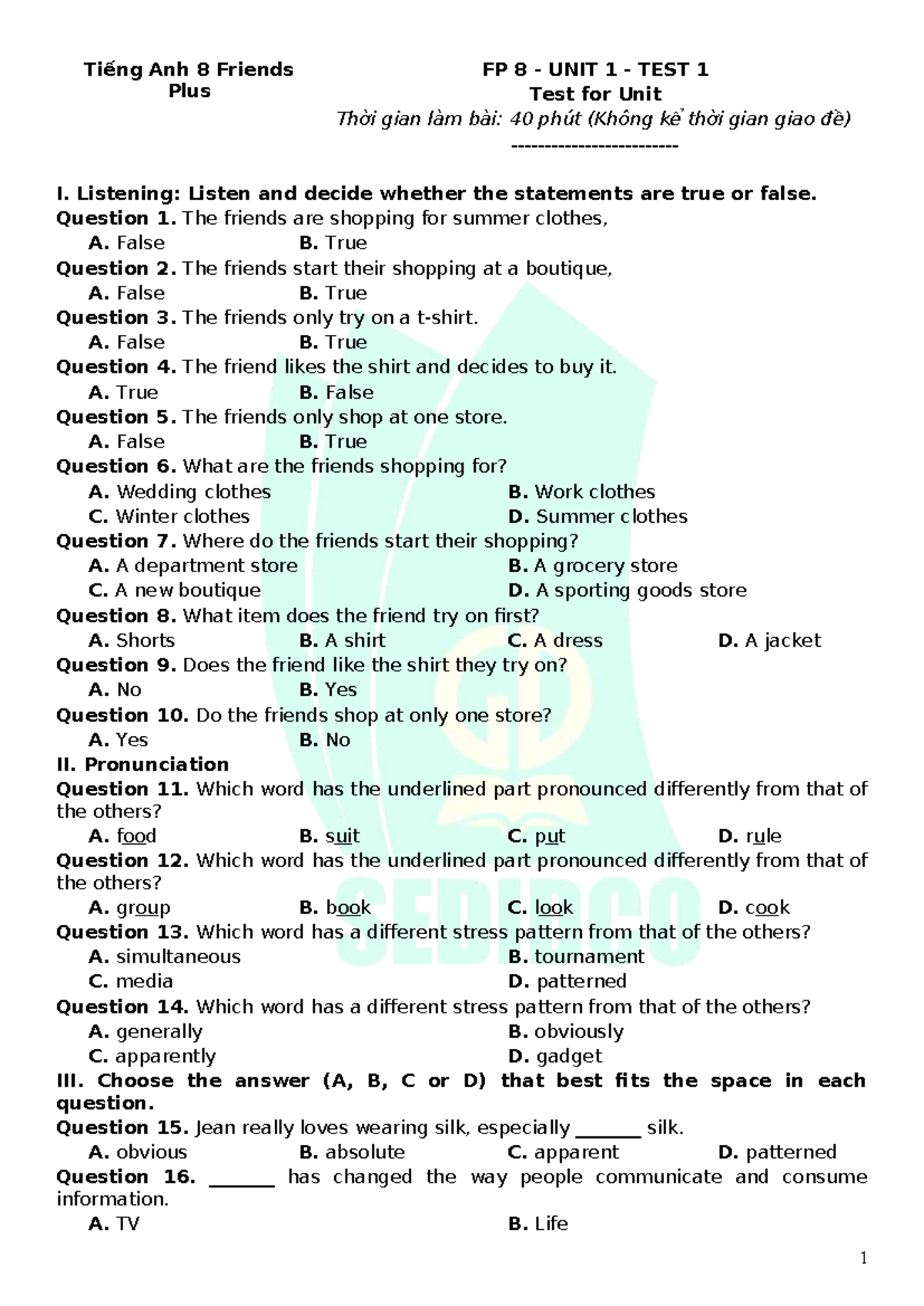 Bài Ôn Tập Học Kỳ I - Unit 1 - Test 1 Tiếng Anh 8 Friends Plus FP 8 ...